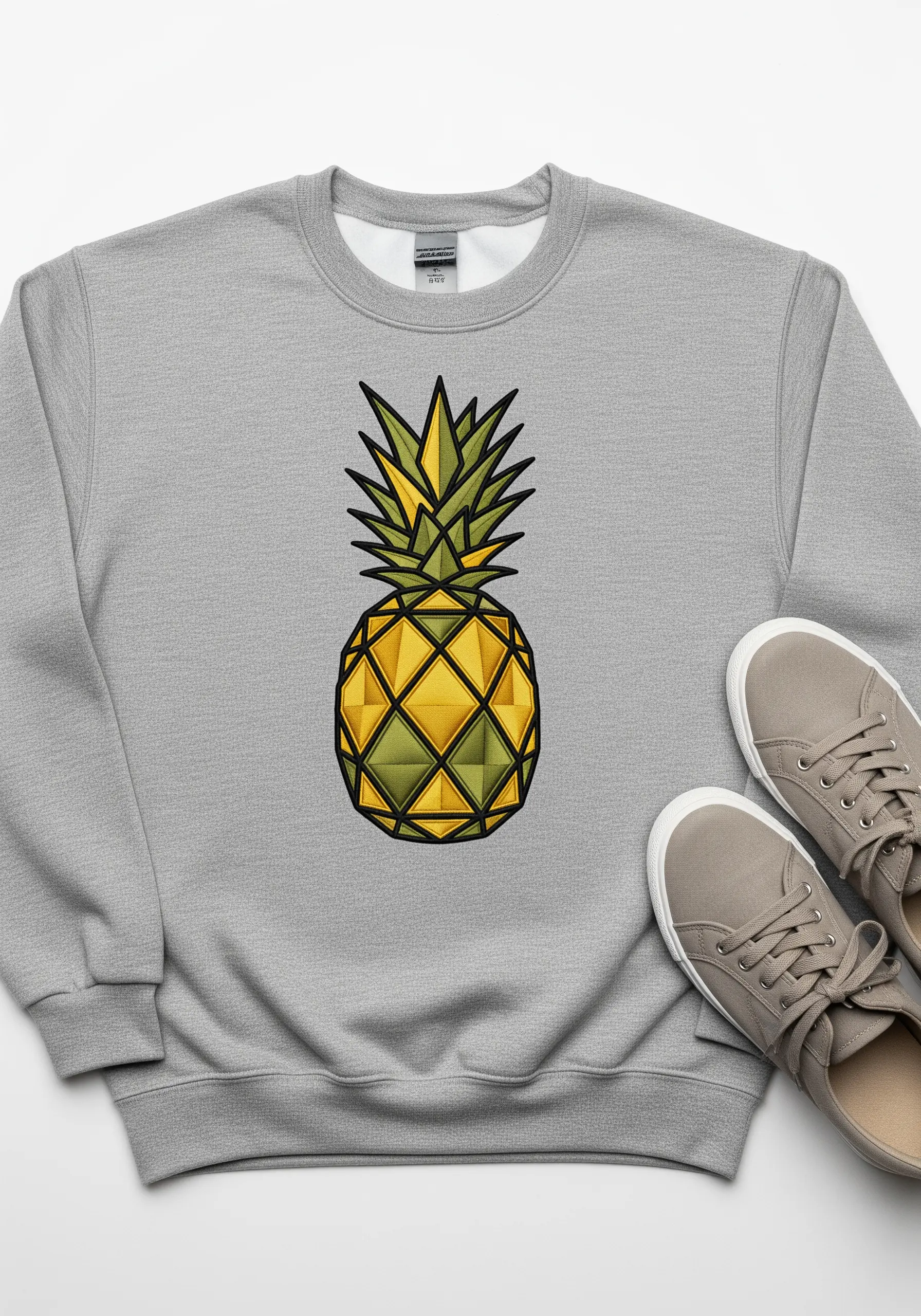 A geometric pineapple with yellow and green facets embroidered on a grey sweatshirt.