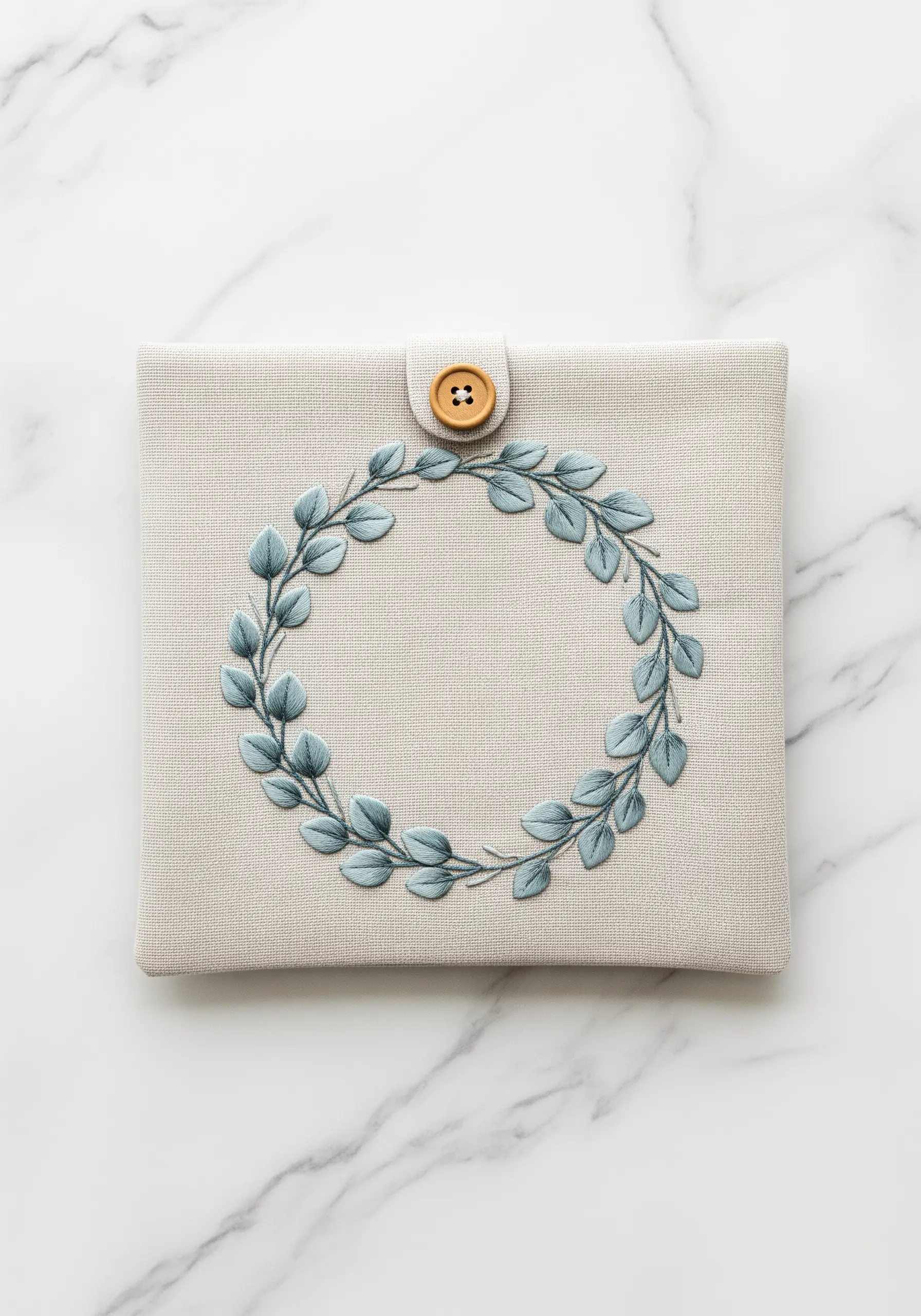 A delicate eucalyptus wreath embroidered in dusty blue-green on a neutral linen pouch.