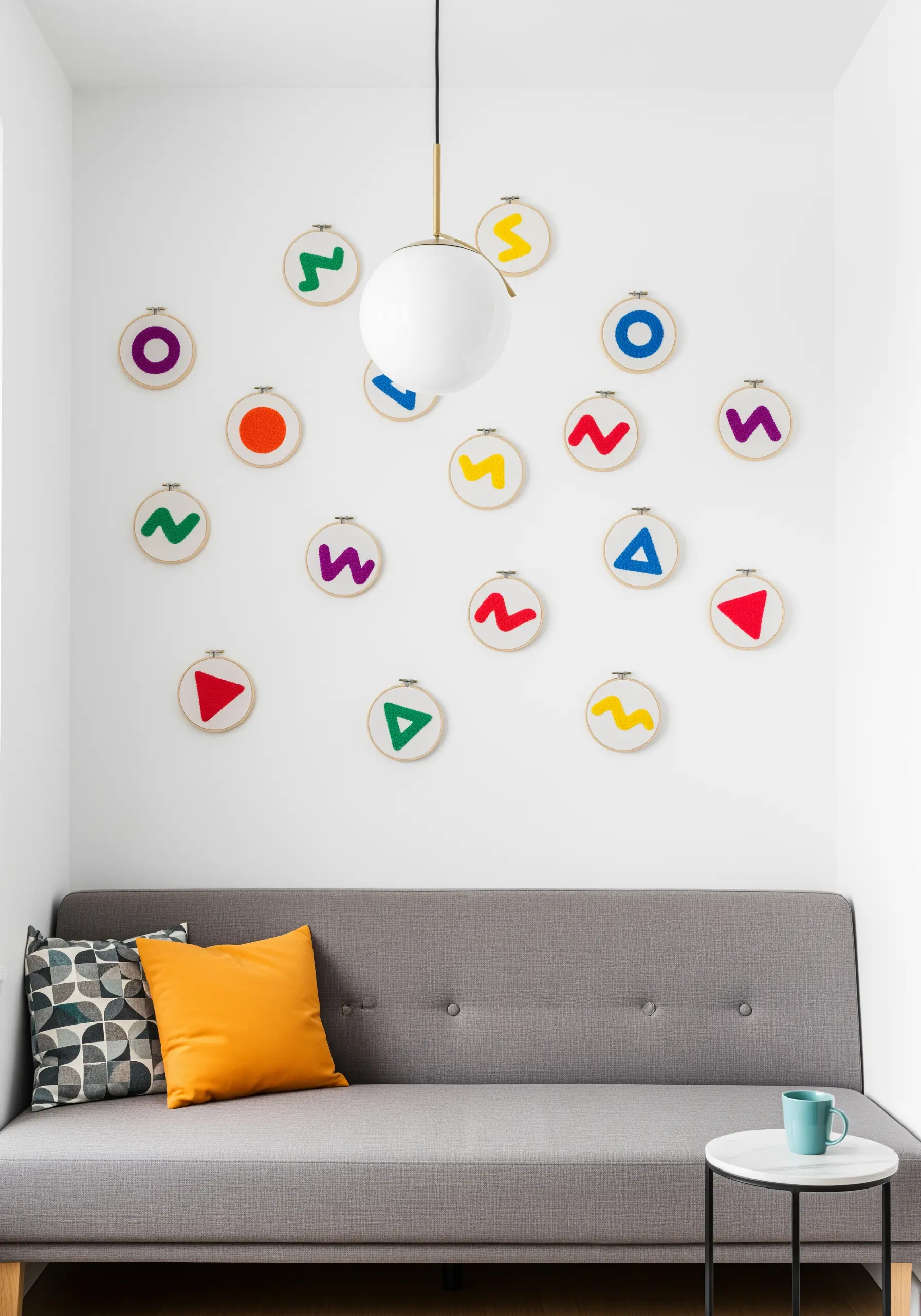 A playful arrangement of embroidery hoops featuring simple, colorful abstract shapes and squiggles.