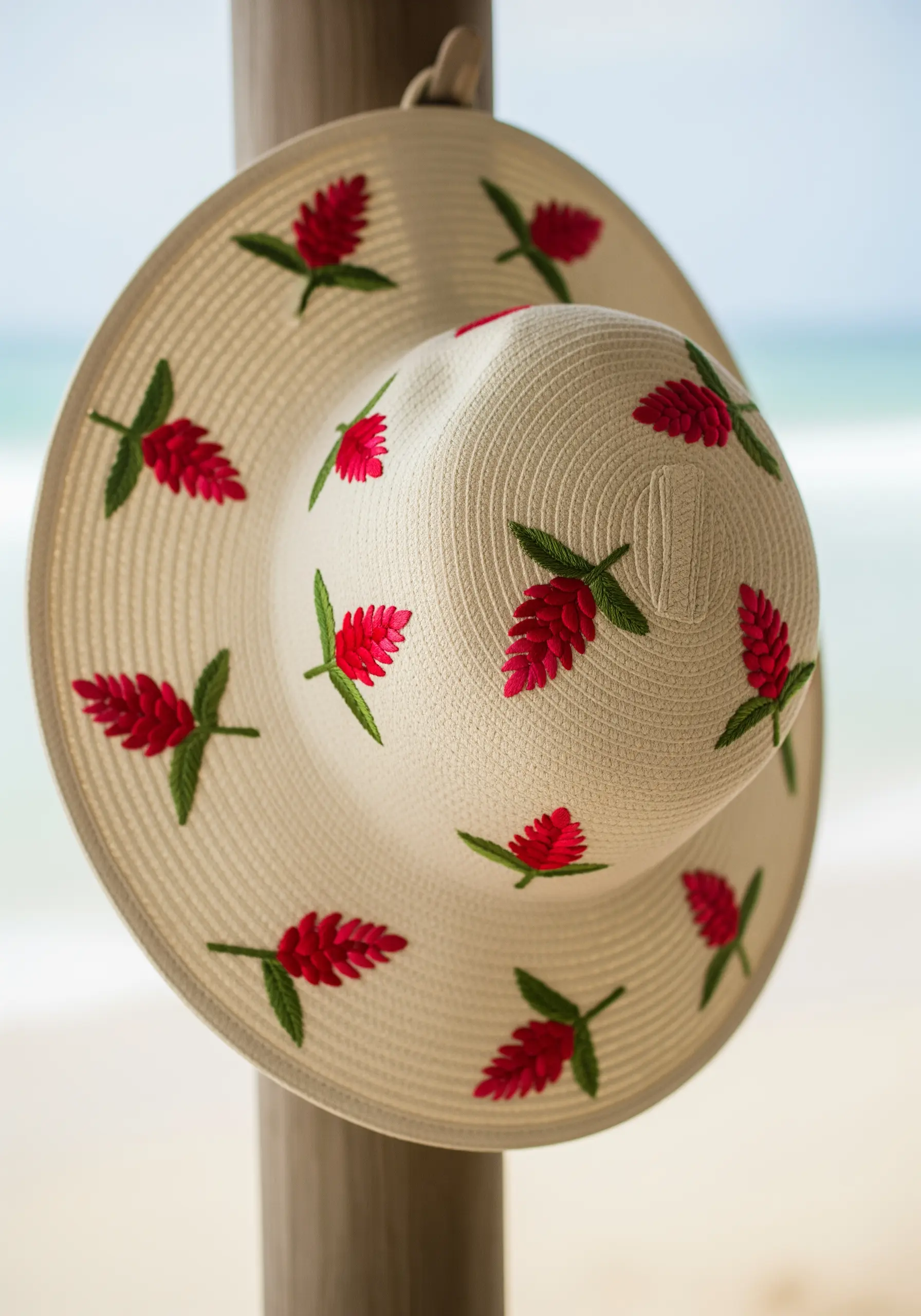 A repeating pattern of small red ginger flowers embroidered evenly across a white sun hat.