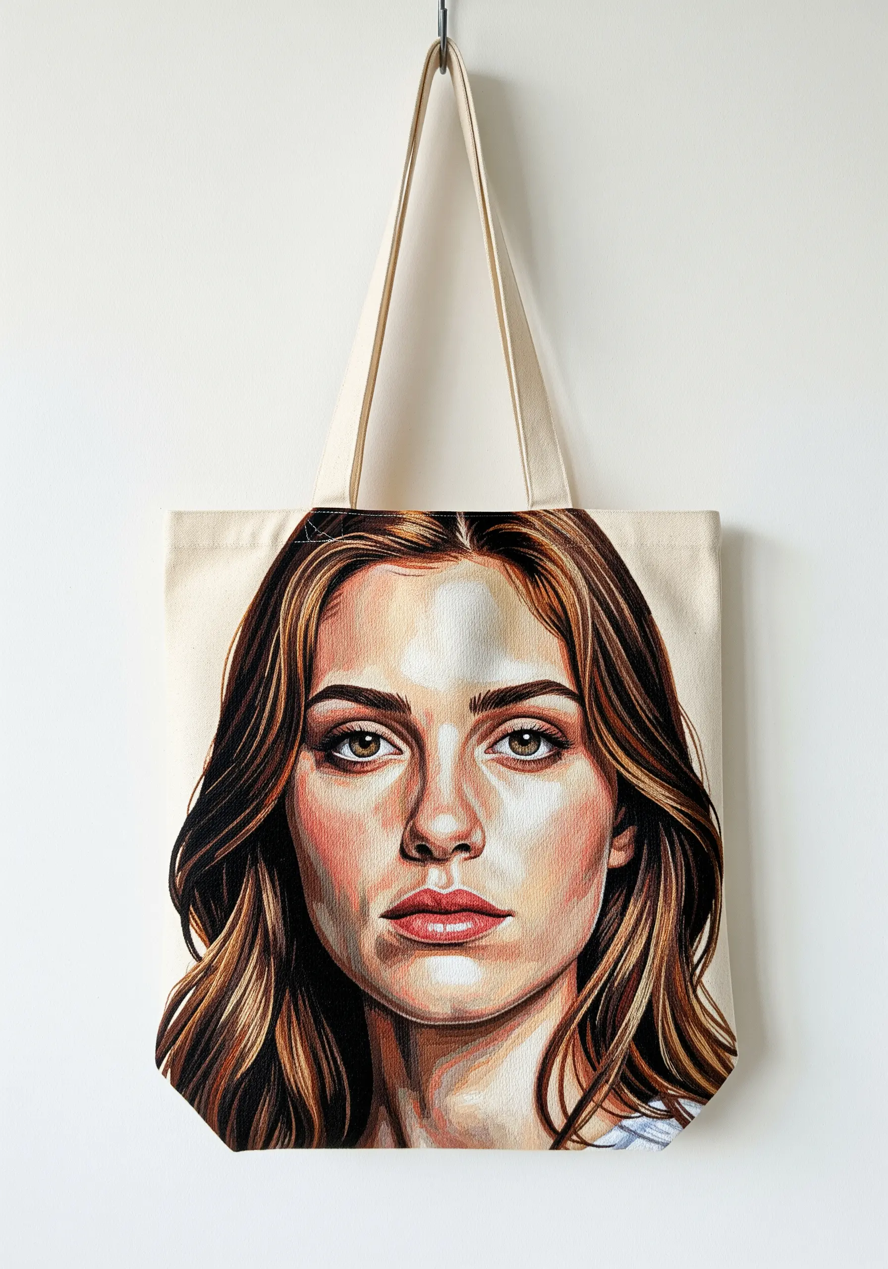 A highly realistic, thread-painted portrait of a woman on a canvas tote bag.
