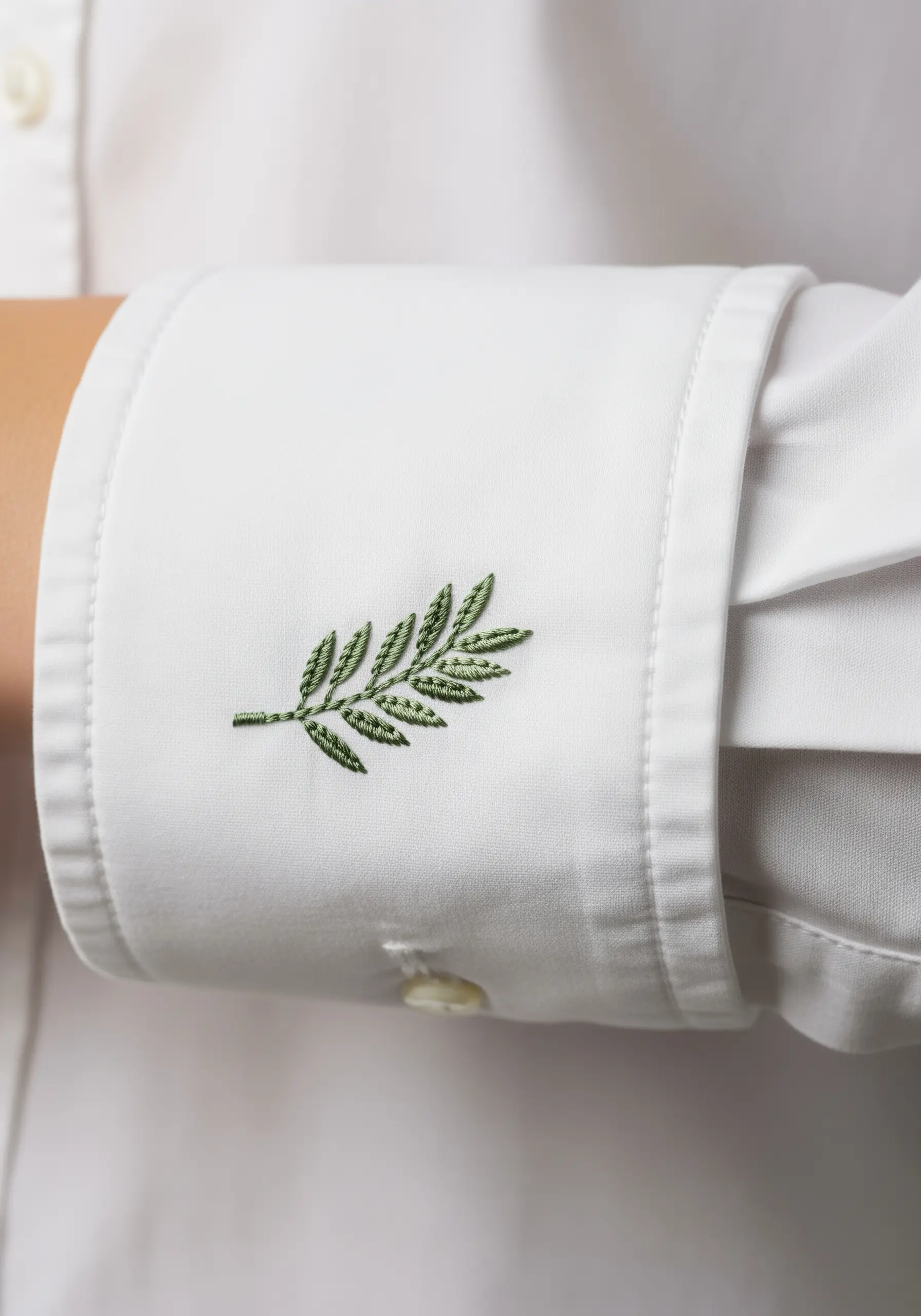 A delicate green olive branch embroidered on the cuff of a white dress shirt.