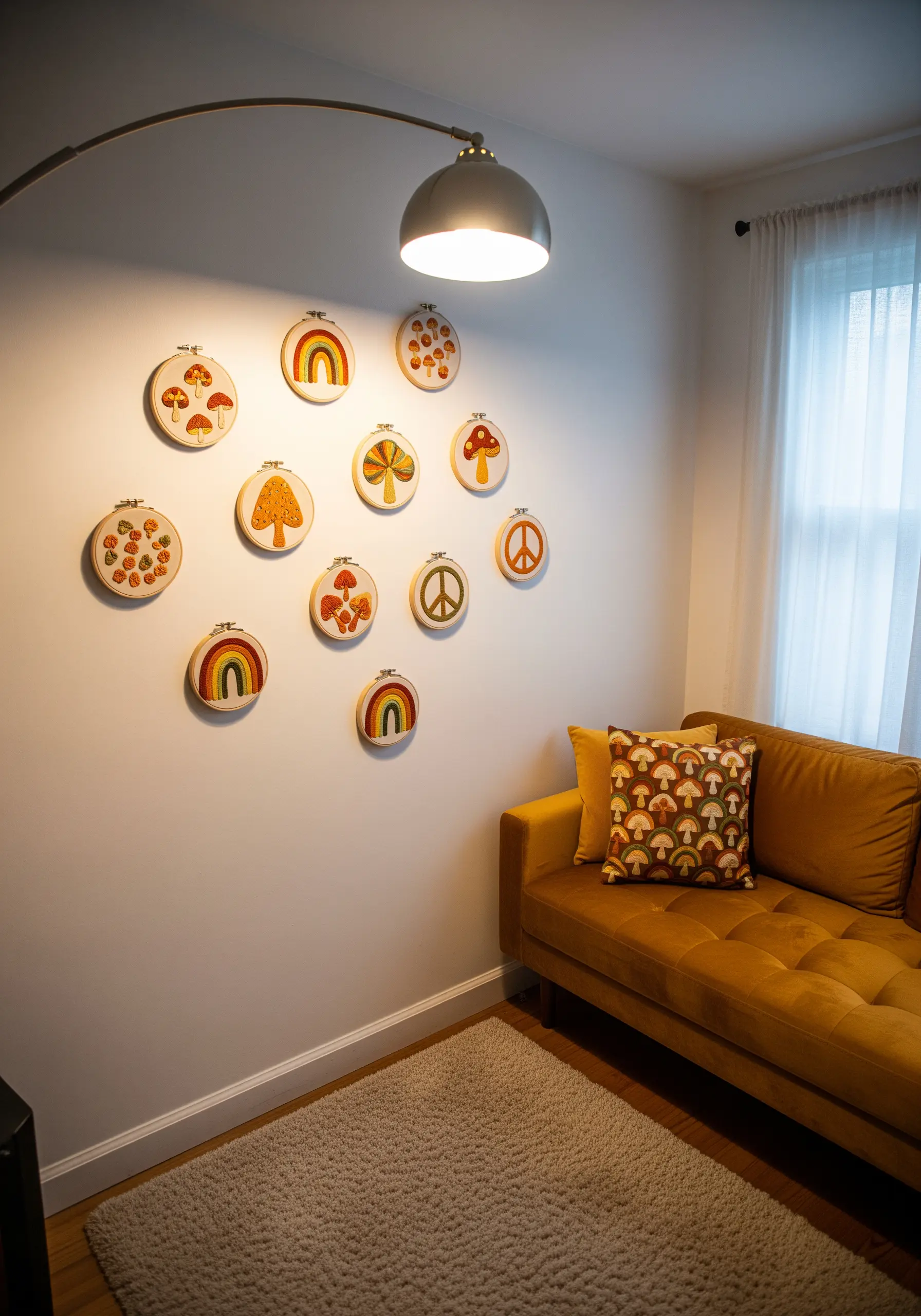 A collection of 1970s-inspired embroidery hoops with mushrooms and rainbows on a wall.