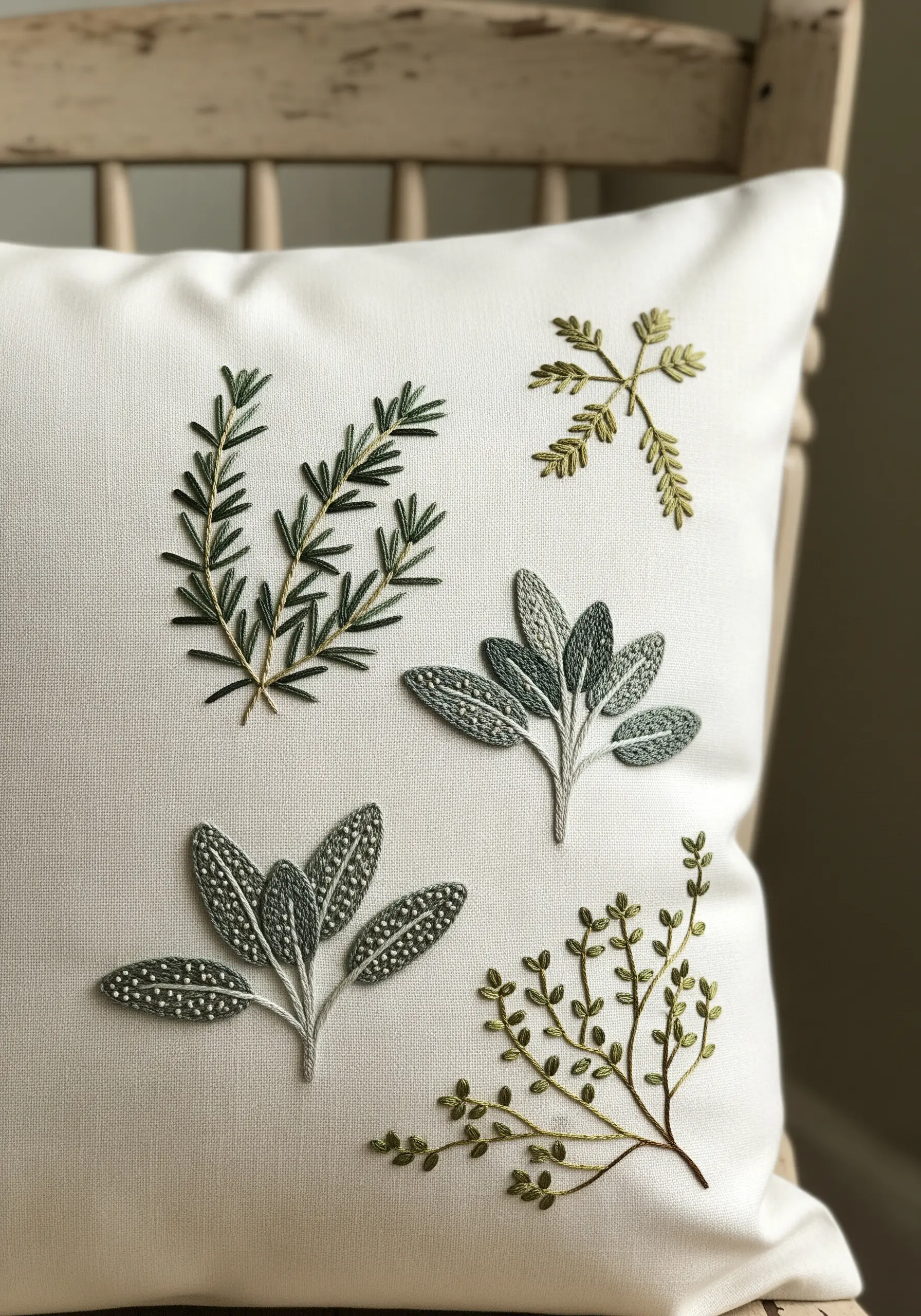 A sampler of embroidered herbs like rosemary and sage on a white pillow.