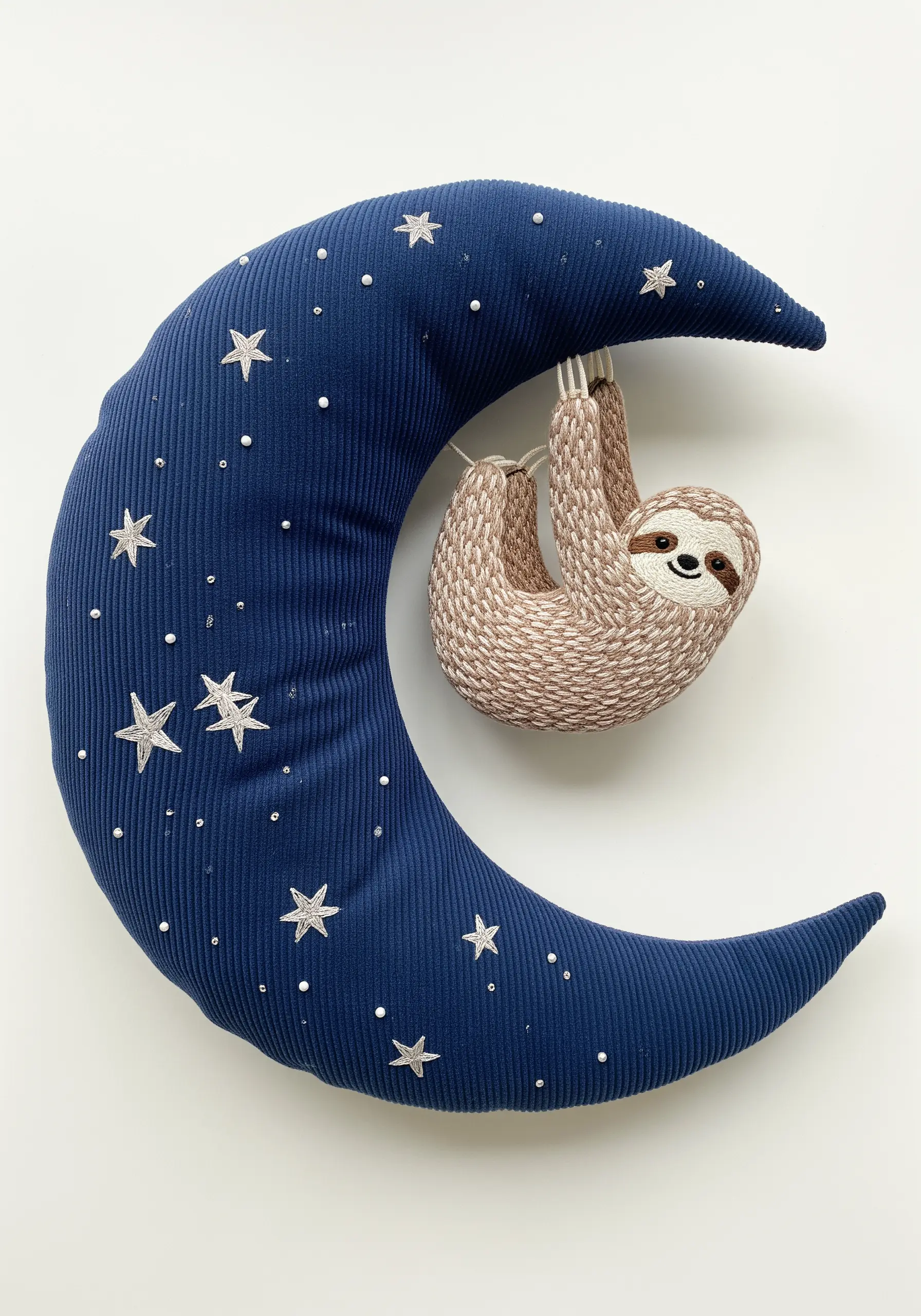 Plush, satin-stitched sloth hanging from a blue corduroy moon-shaped pillow.