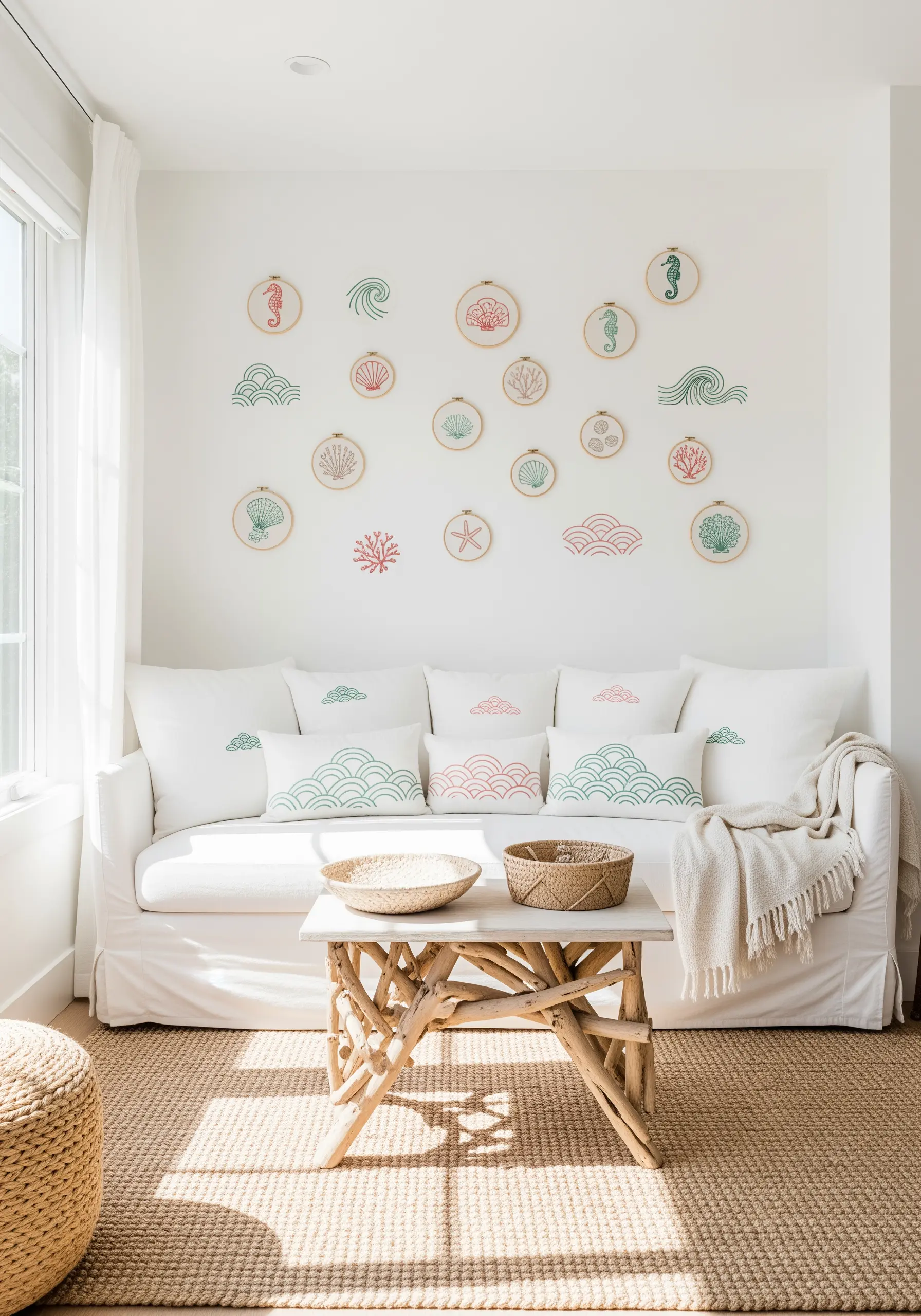 Coastal-themed embroidery hoops with shells, seahorses, and waves in a scattered arrangement.