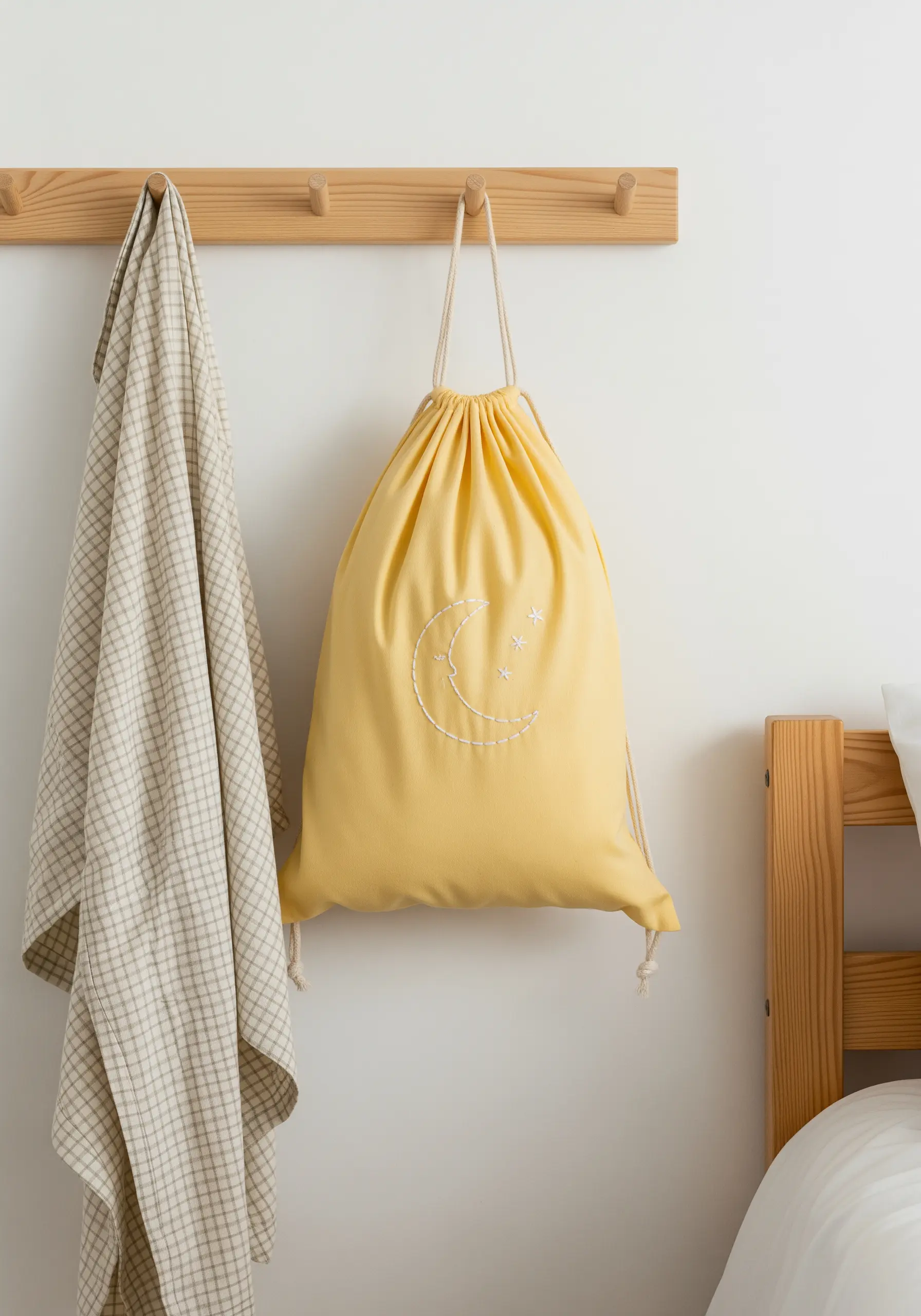 A yellow drawstring bag with a simple white backstitch embroidery of a crescent moon and stars.