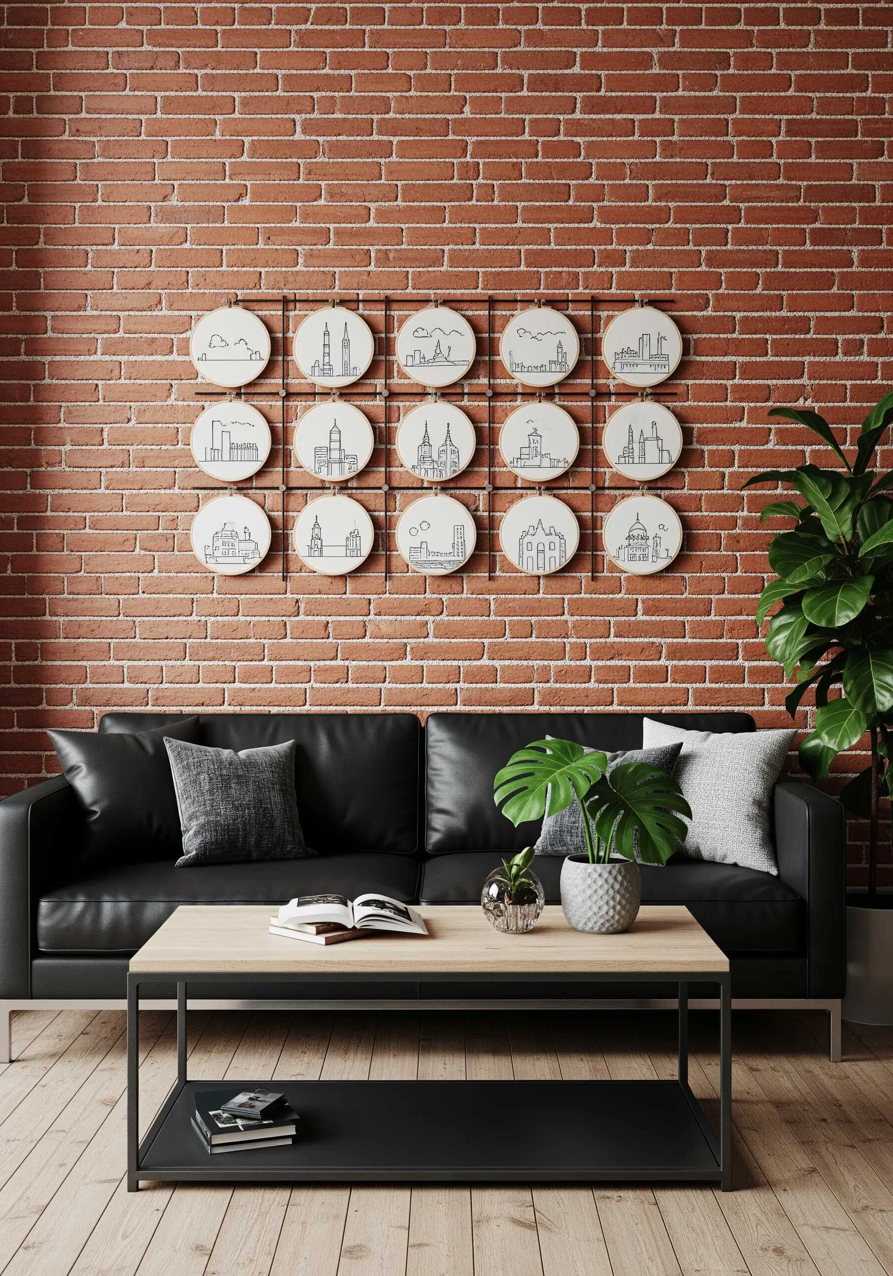 A grid of twelve embroidery hoops, each featuring a different city skyline in black line art.