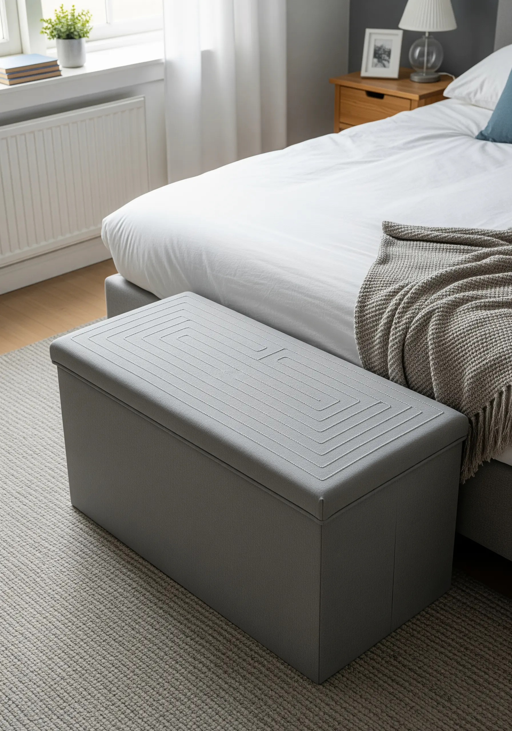 The top of a gray fabric storage box embroidered with a continuous, spiraling maze-like pattern.