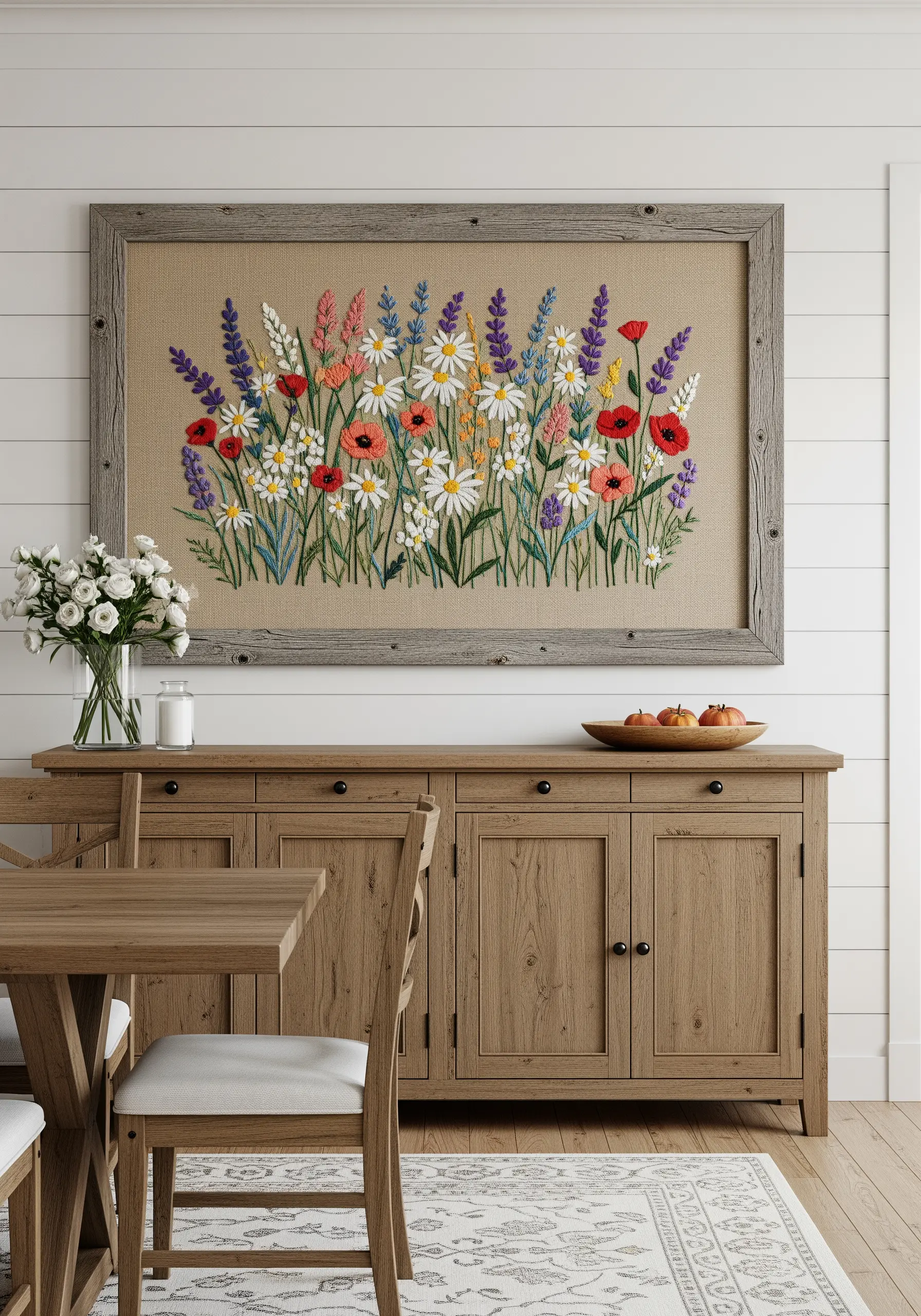 A vibrant embroidered wildflower meadow on burlap, displayed in a rustic wooden frame.
