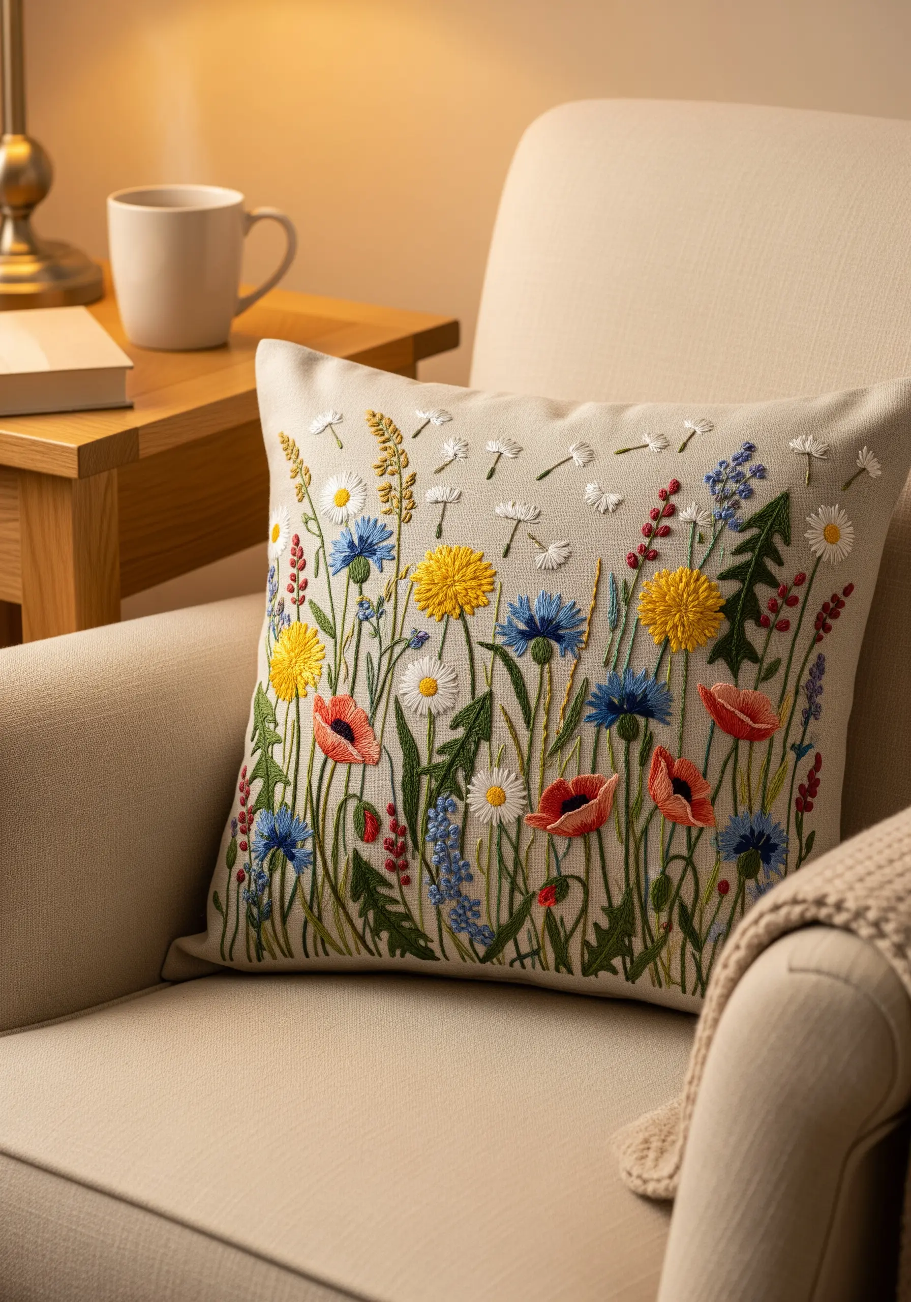 Embroidered wildflower meadow with poppies and cornflowers on a cream pillow.