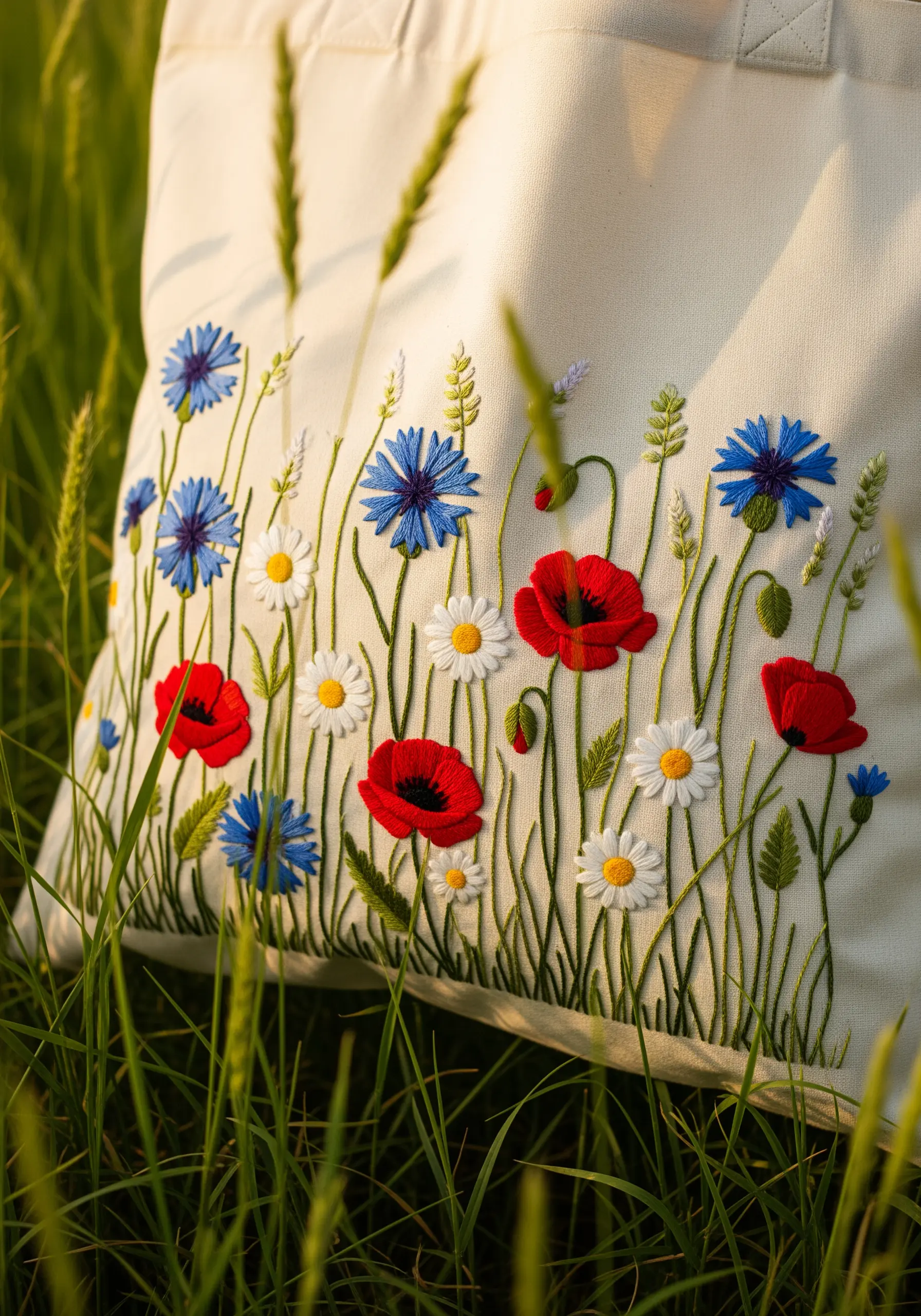 A vibrant wildflower meadow with poppies, daisies, and cornflowers on a canvas tote