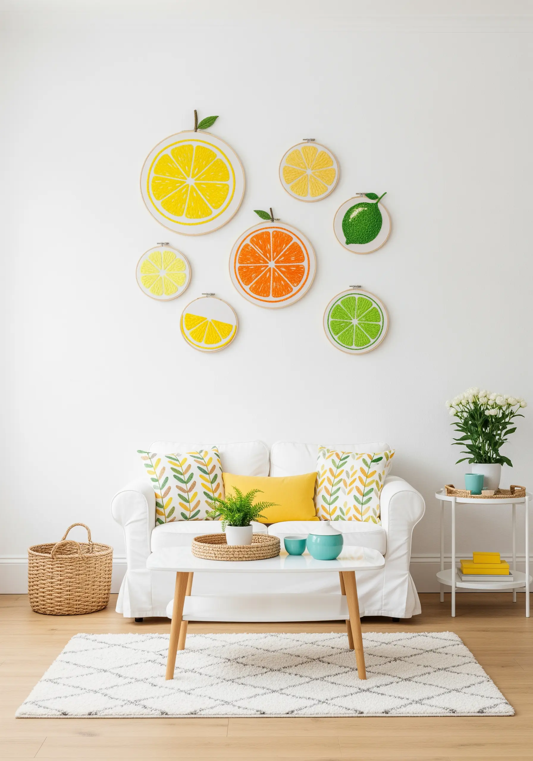 A collection of embroidery hoops featuring brightly colored slices of lemon, orange, and lime.