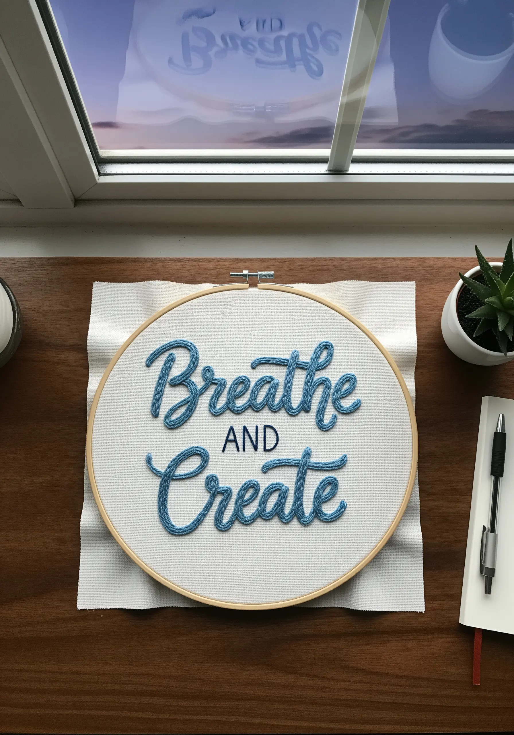 The words 'Breathe and Create' stitched in raised, 3D blue thread in an embroidery hoop.