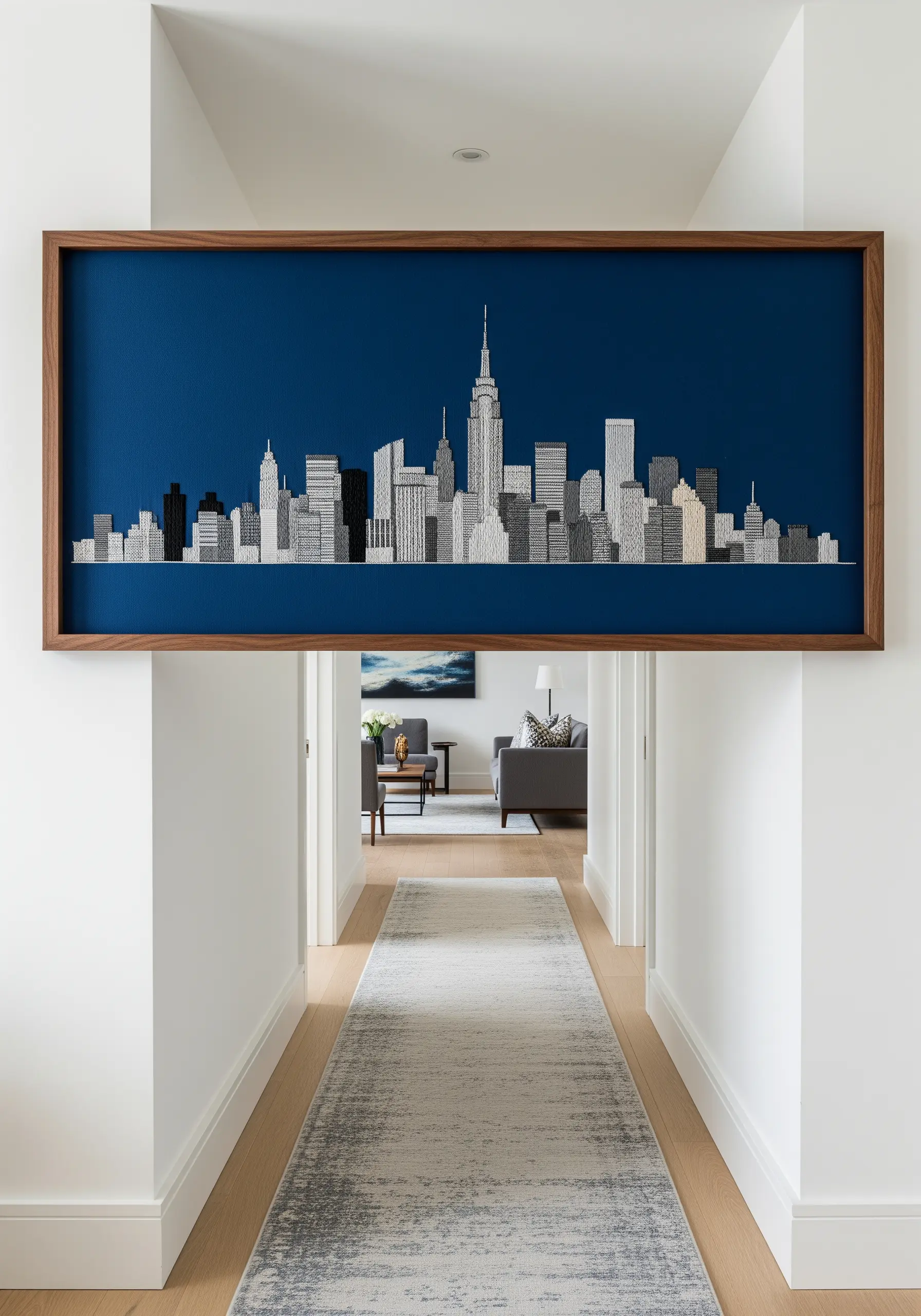 Large panoramic embroidery of a city skyline in white, grey, and black on blue fabric.