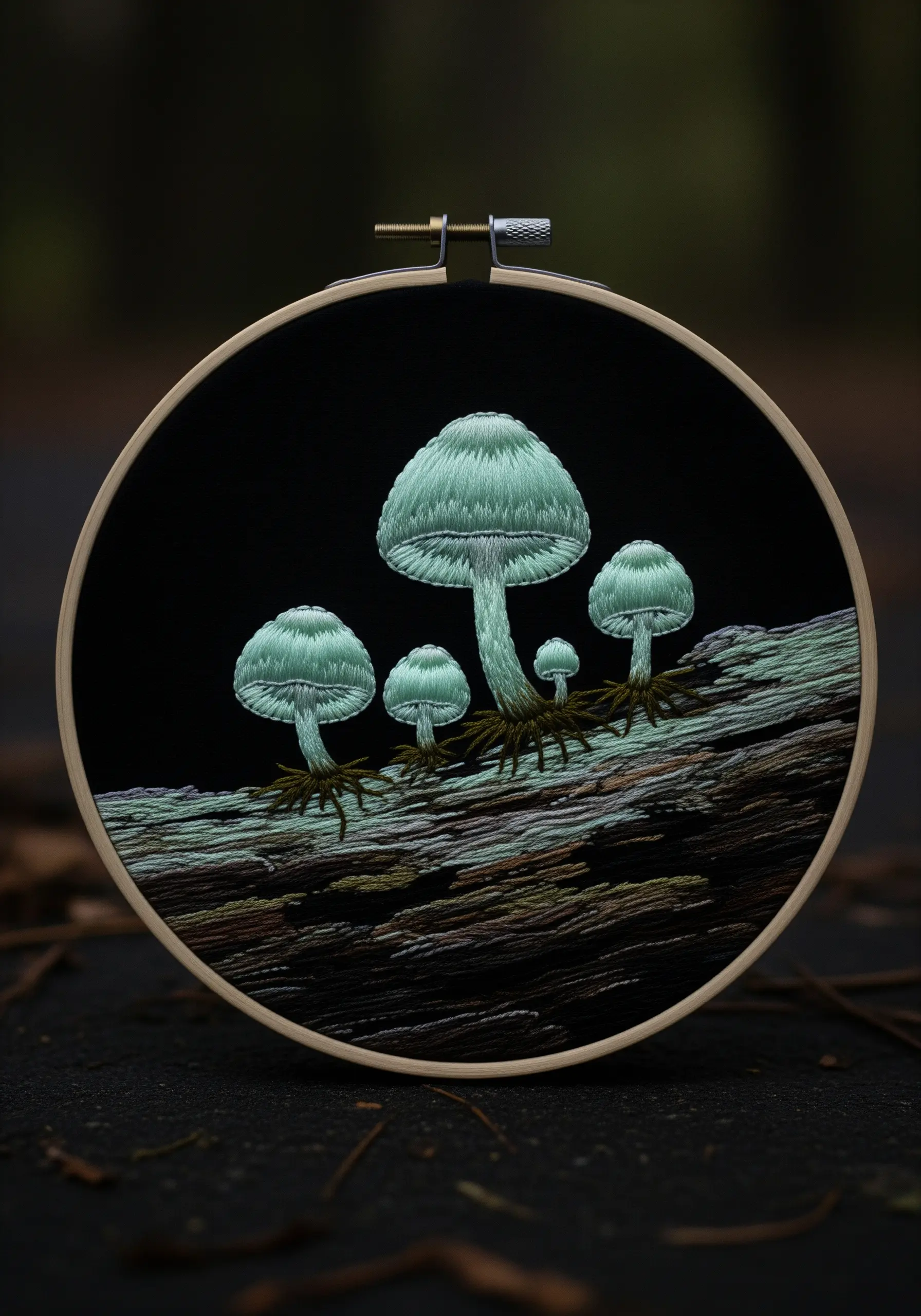 Glowing green mushrooms embroidered on a log against a black background.