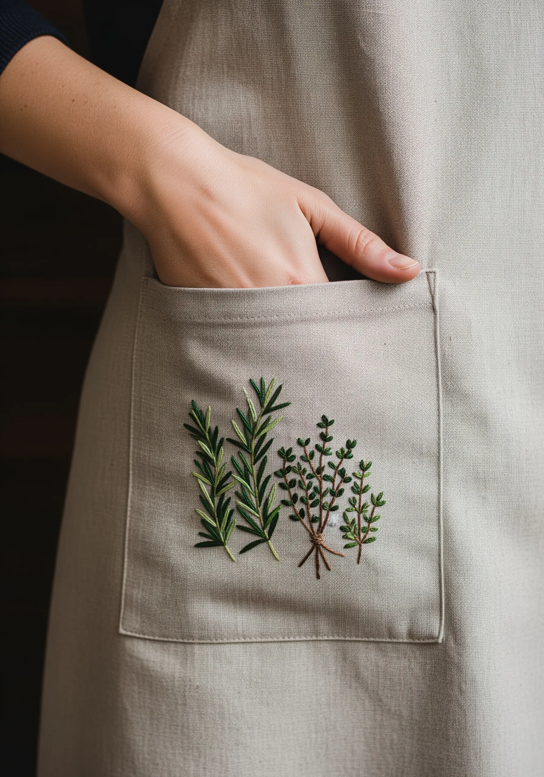 A bundle of embroidered herbs, including rosemary and thyme, stitched onto the pocket of a linen apron.