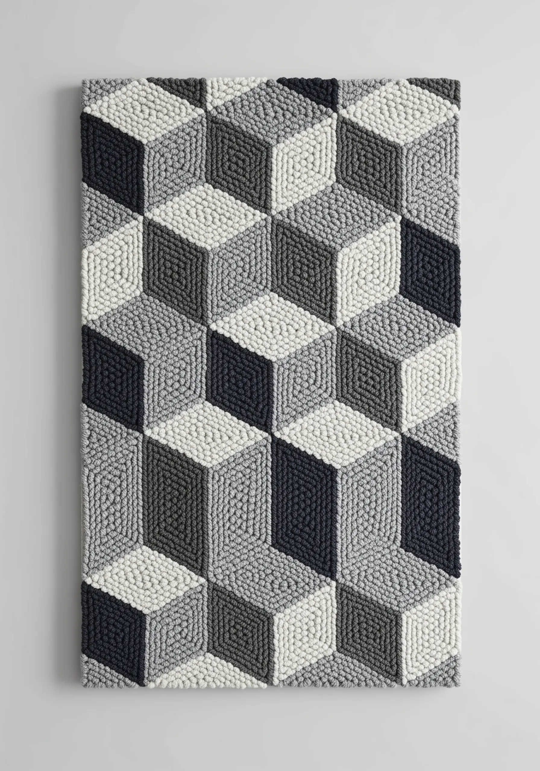 Punch needle art with an optical illusion pattern of 3D cubes in shades of gray.