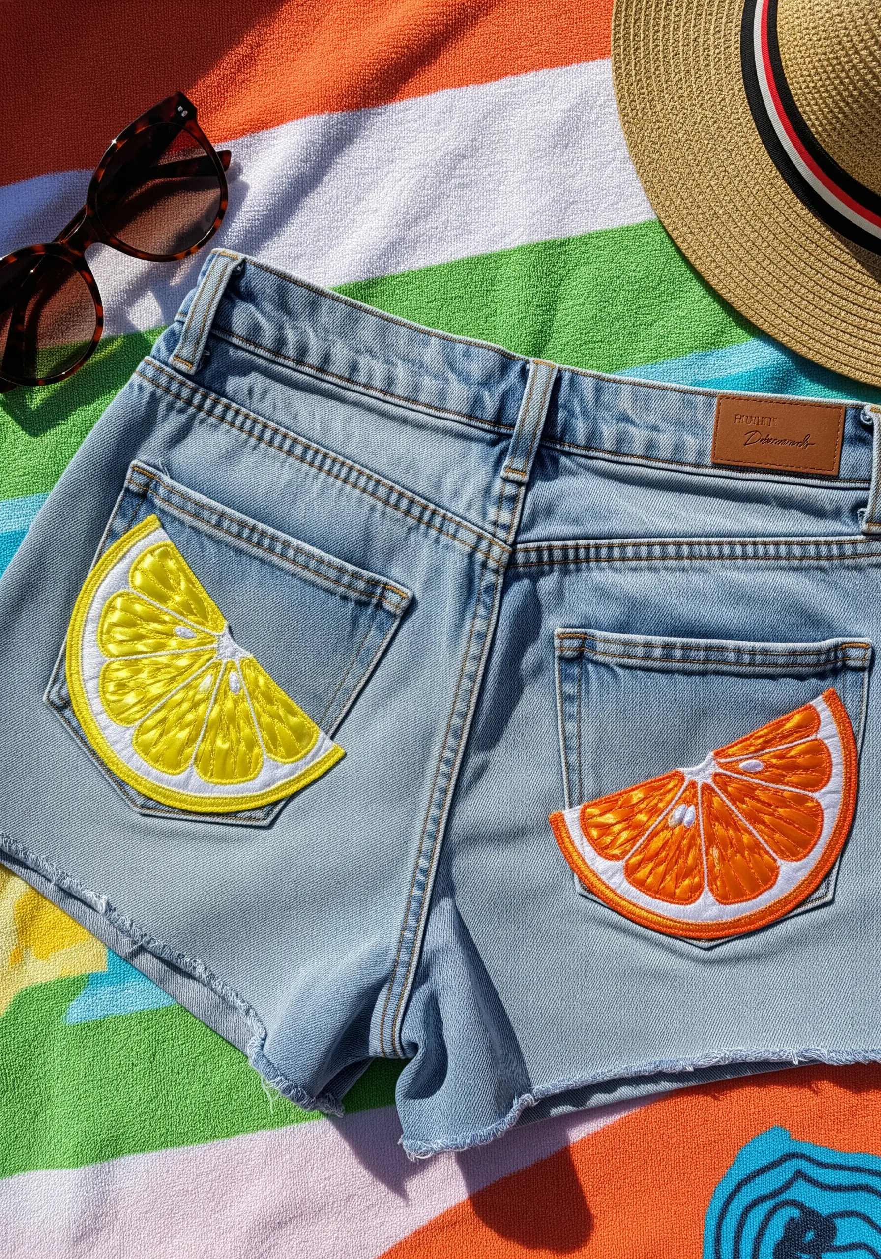 Embroidered patches of a lemon and an orange slice on the back pockets of denim shorts.