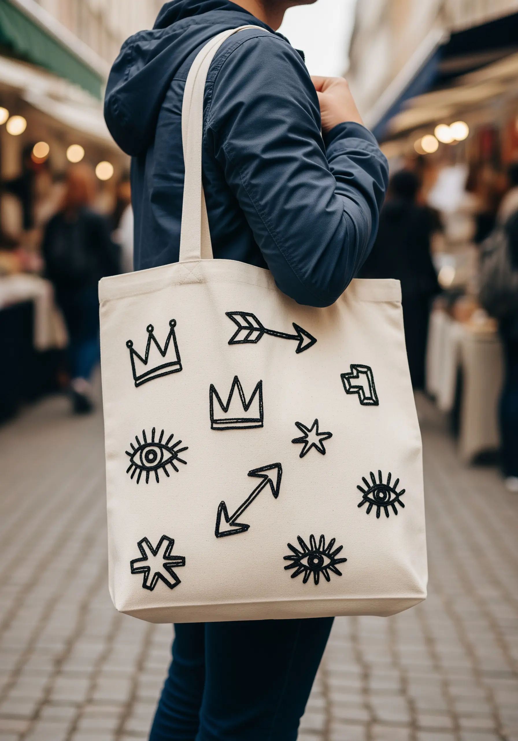 Bold, black-outlined doodle icons like crowns and eyes on a canvas tote.