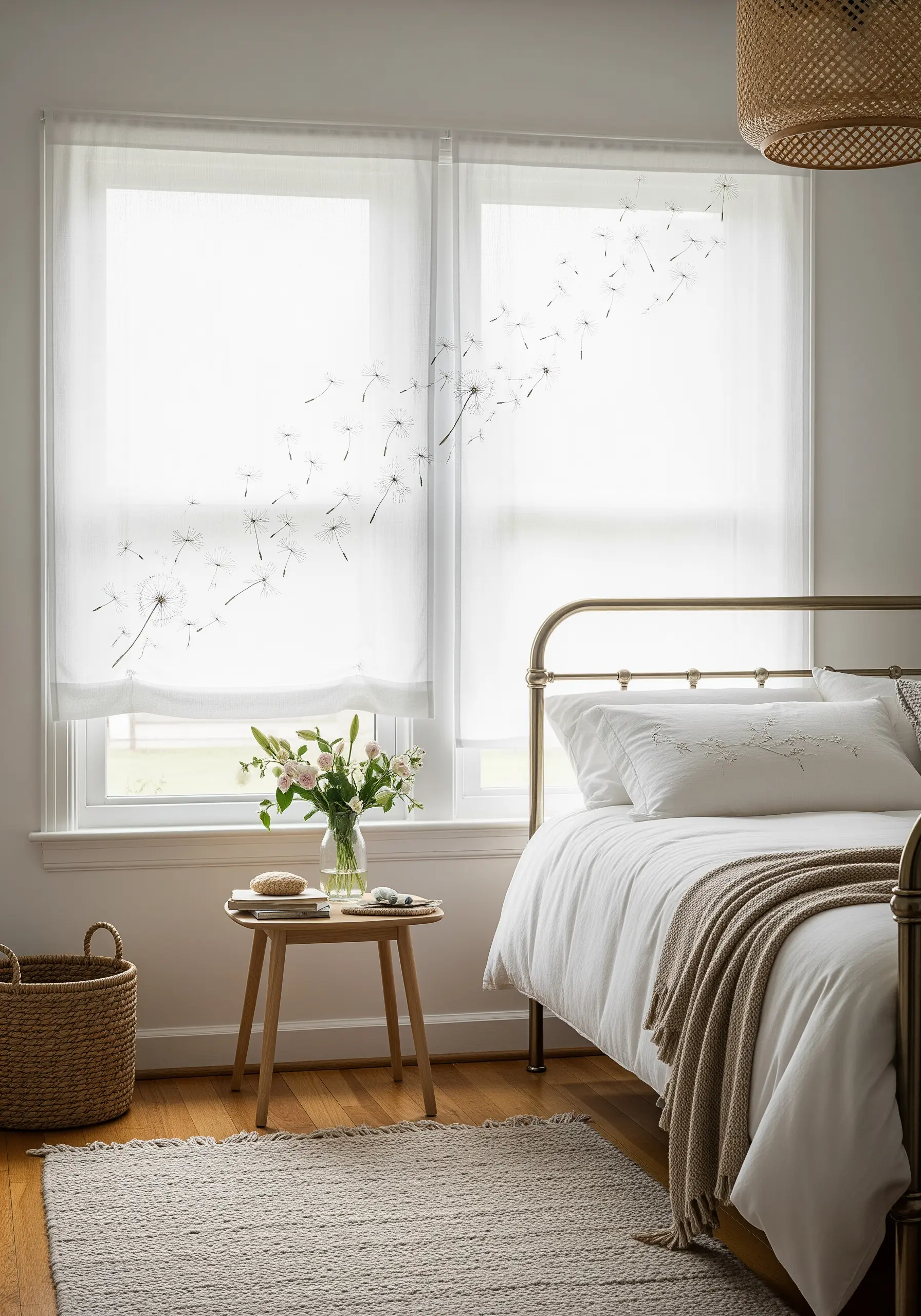 Delicate dandelion seeds embroidered as if blowing across sheer white window blinds.