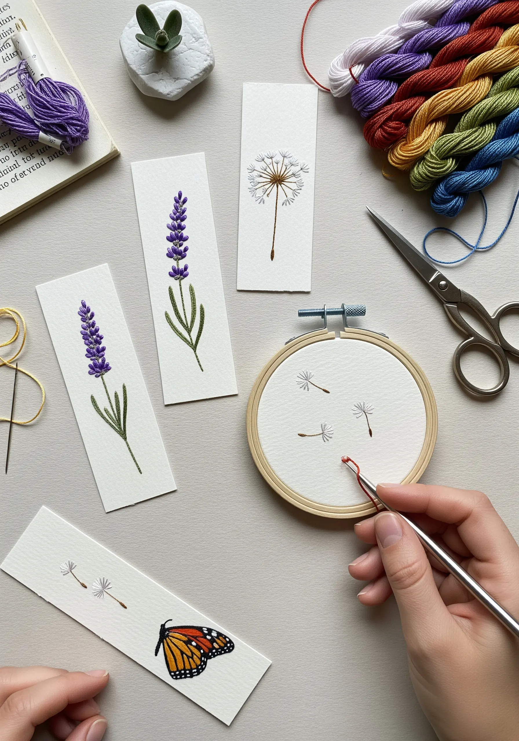 Delicate embroidered bookmarks with lavender, a dandelion, and a monarch butterfly on white paper.