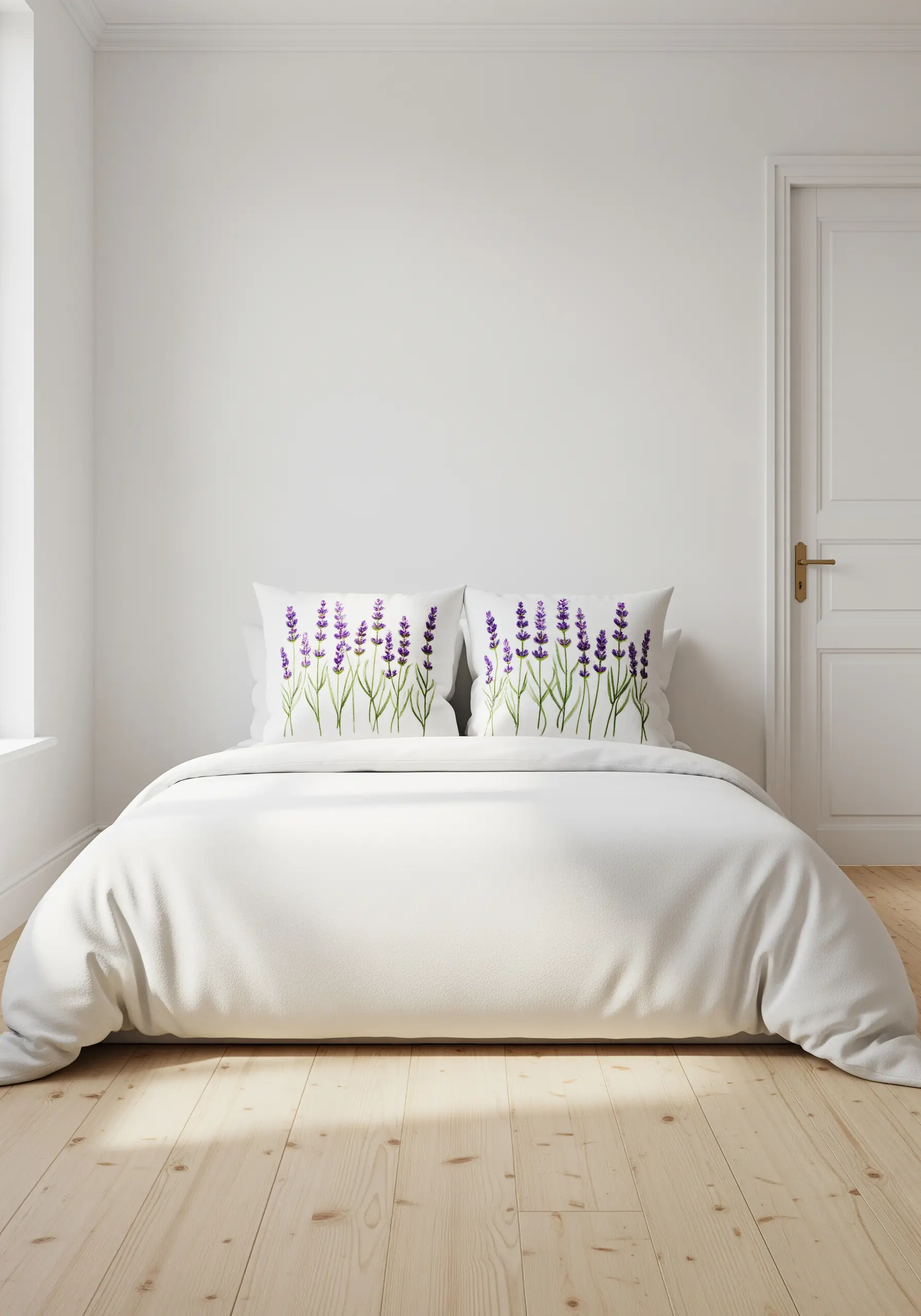 Delicately embroidered lavender flowers on crisp white pillowcases.