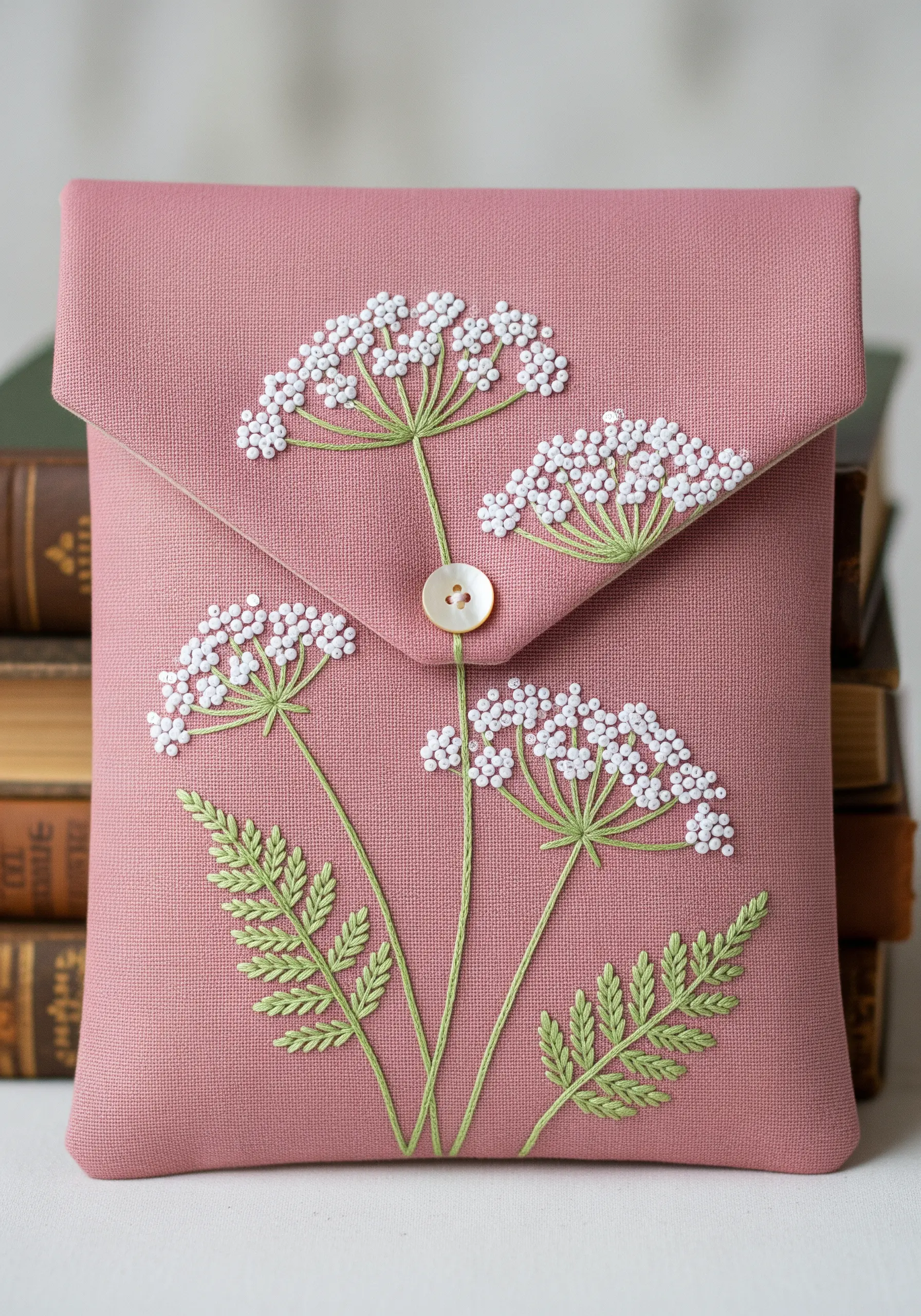 Delicate embroidery of Queen Anne's Lace with white French knots on a dusty rose pouch.