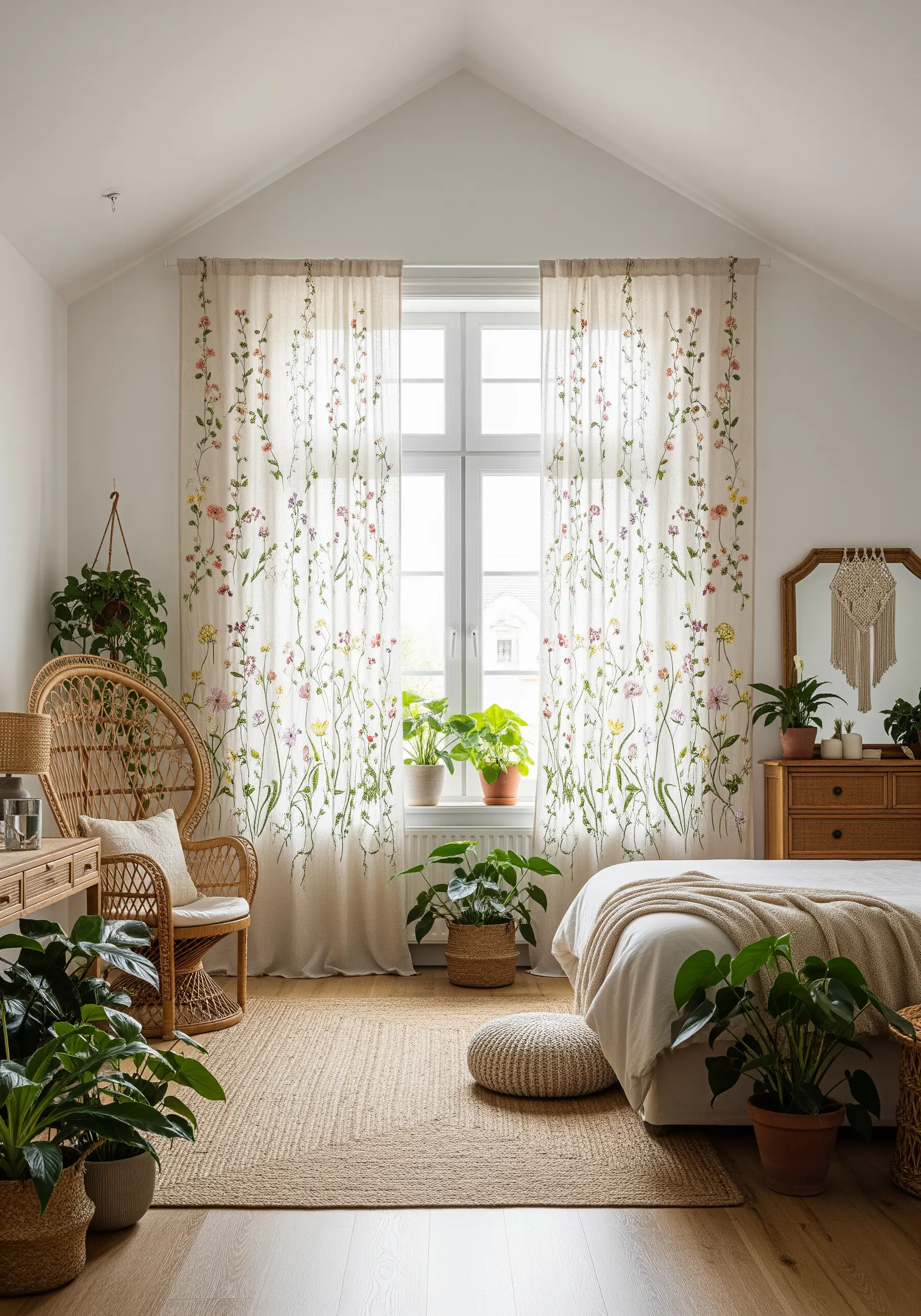 Sheer white curtains embroidered with delicate, colorful wildflower vines.