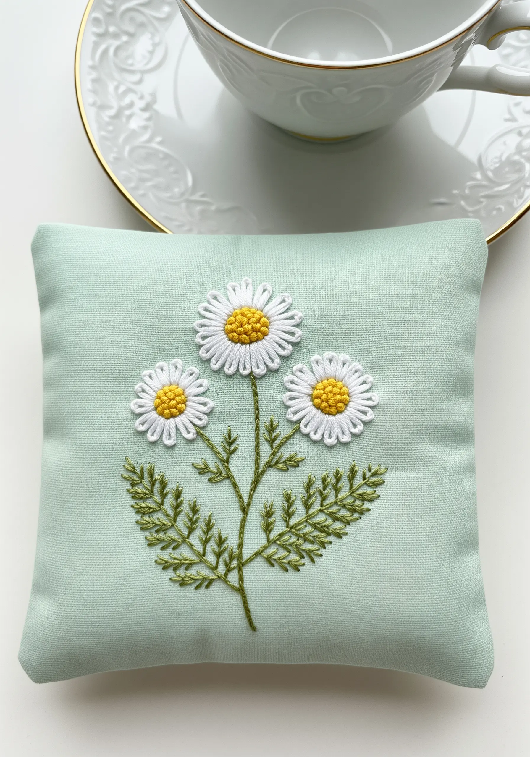 Three daisies with white woven wheel stitch petals and yellow French knot centers.