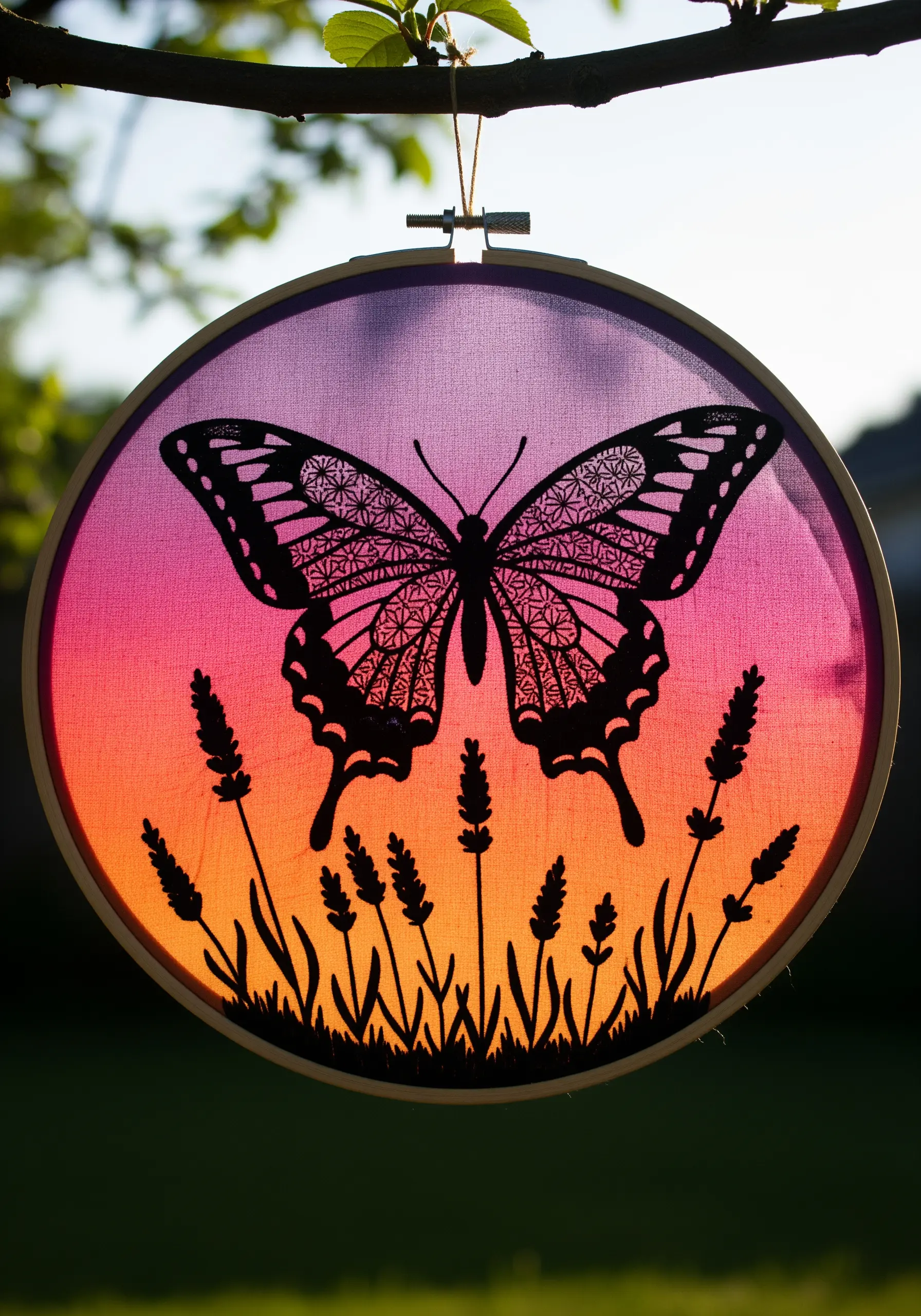 Blackwork silhouette of a butterfly and lavender against a painted pink and orange sunset.