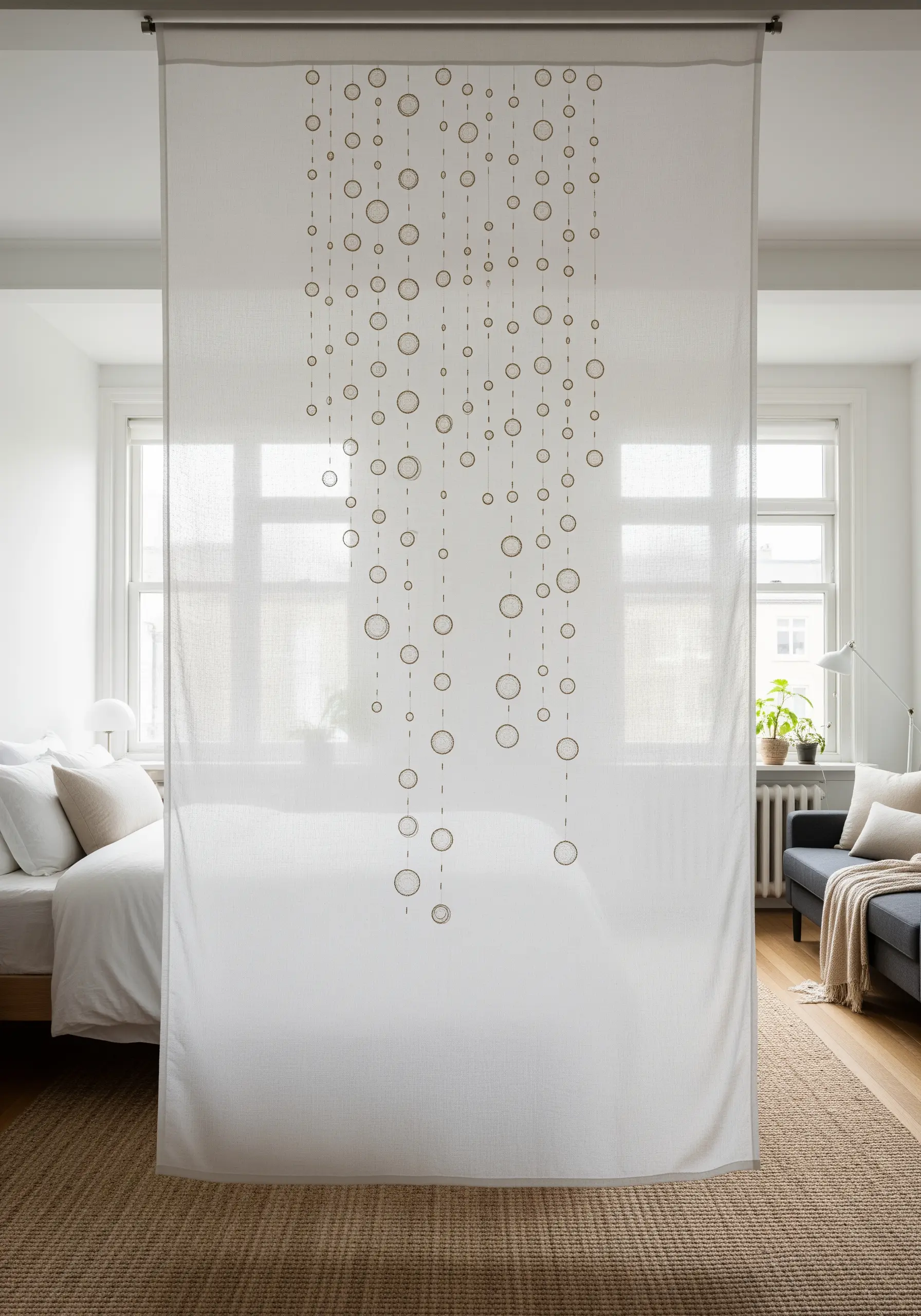 A sheer fabric room divider with an embroidered pattern of cascading circles