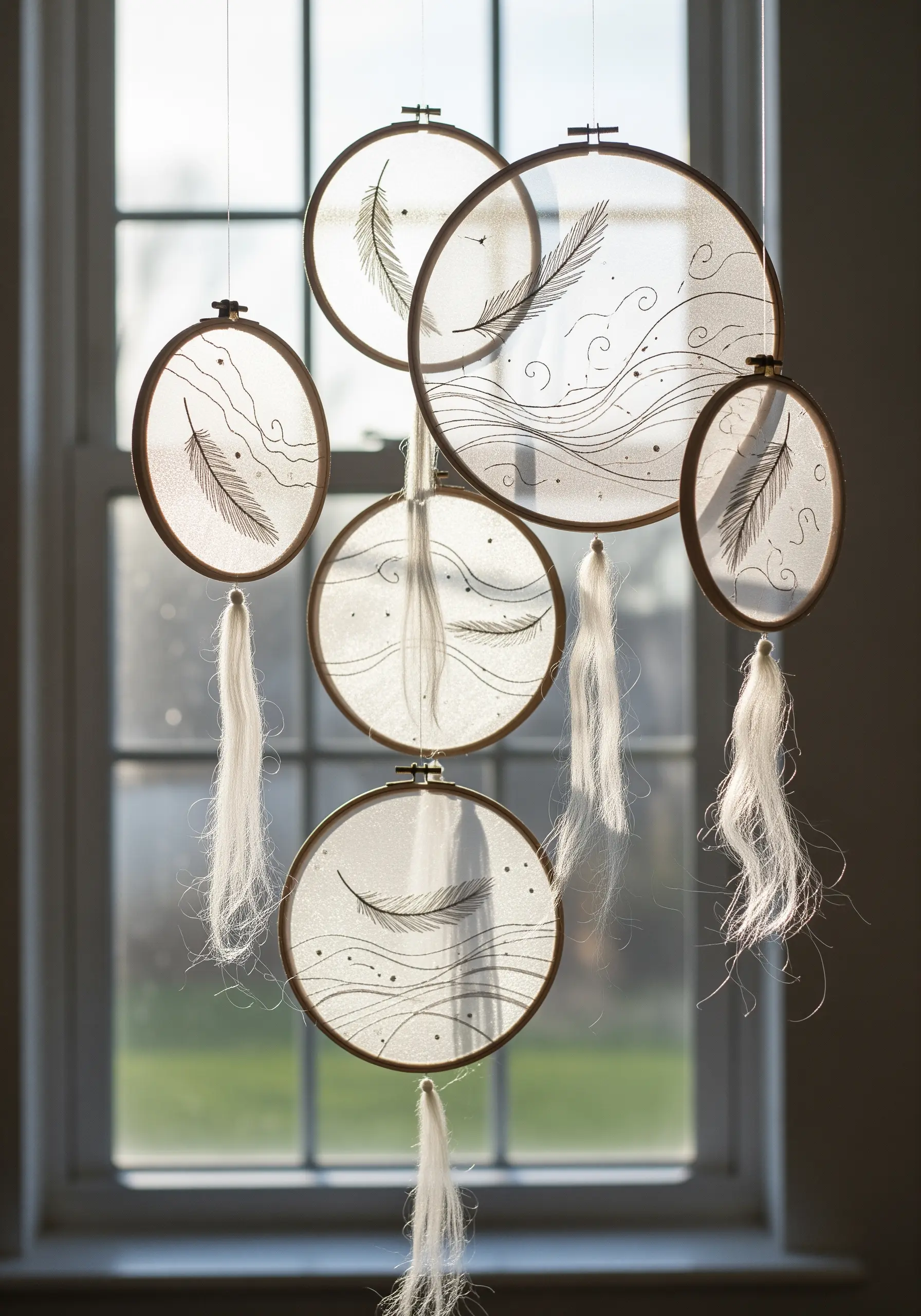 Delicate feather motifs stitched on sheer fabric in multiple embroidery hoops, hanging as a mobile.