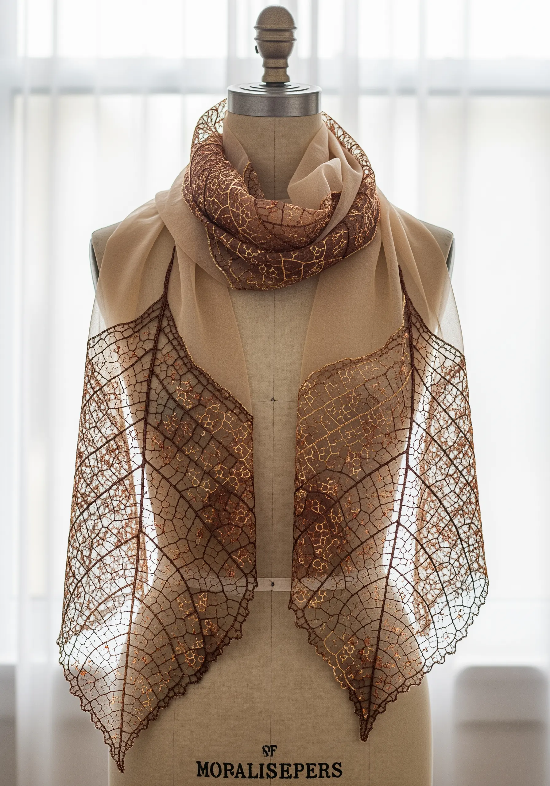 A sheer scarf embellished with large, delicate skeleton leaves made from embroidered thread lace.