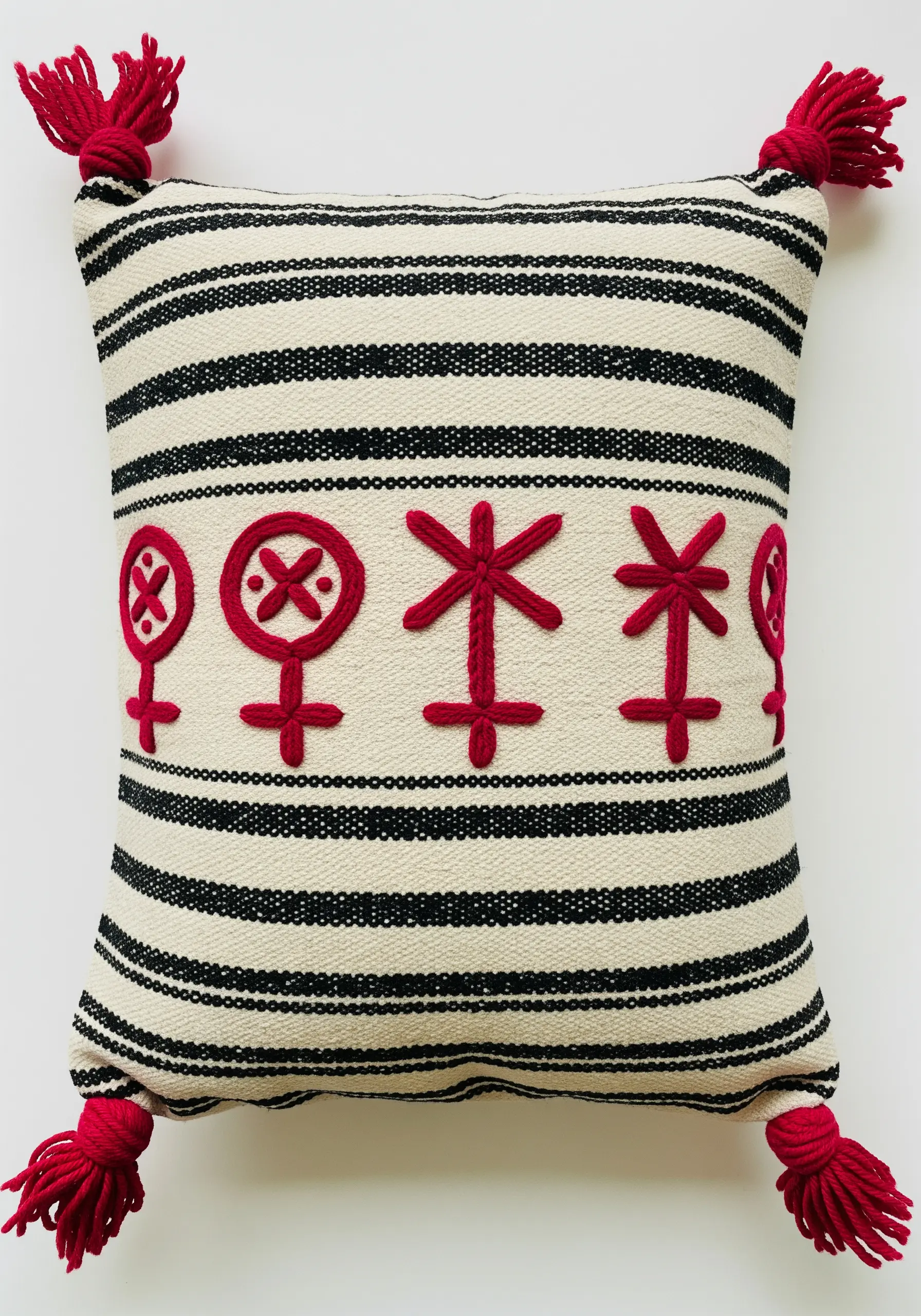 Red Berber-style symbols embroidered on a black and white striped cushion