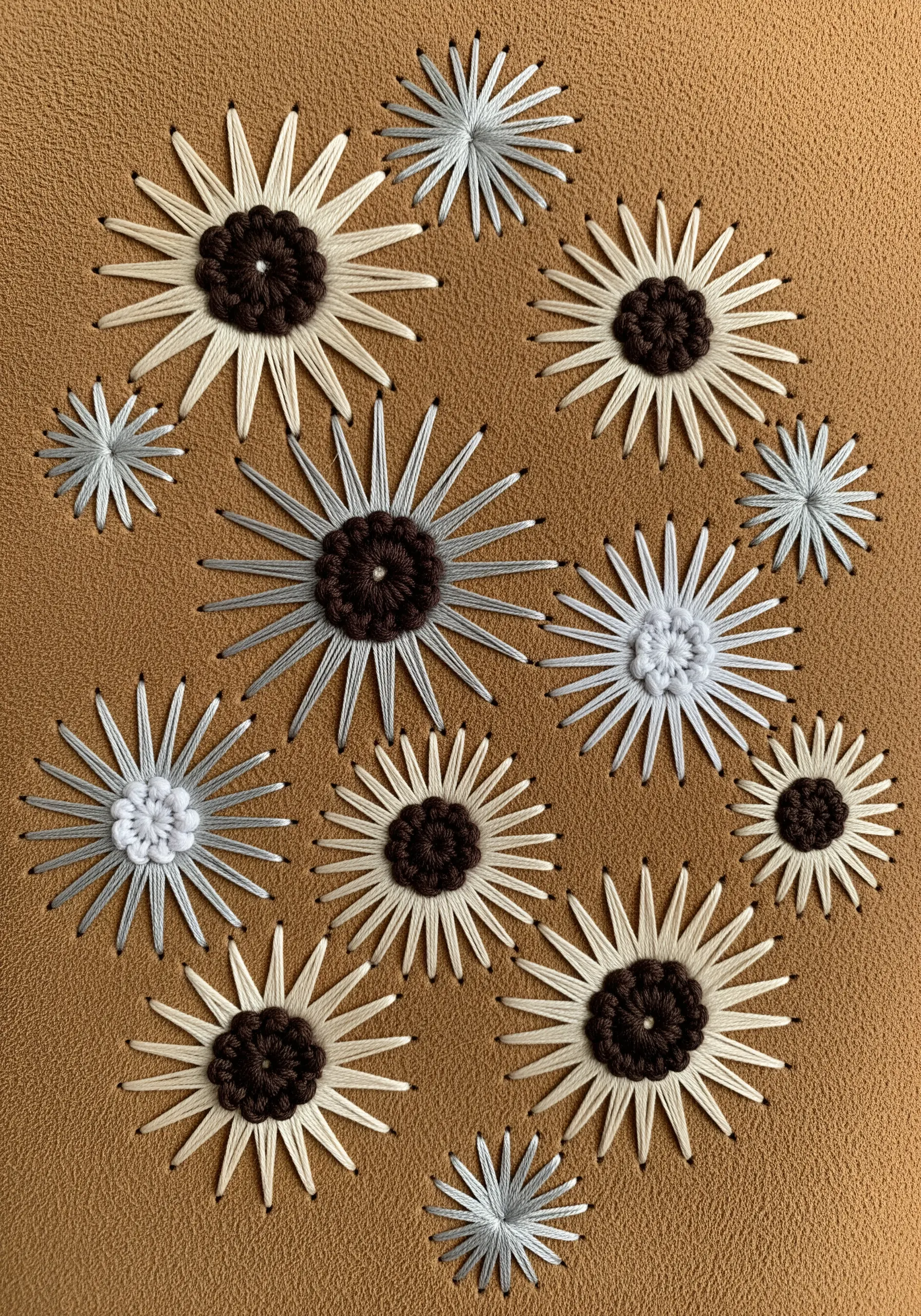 Graphic starburst flowers stitched with long petals and dark French knot centers.