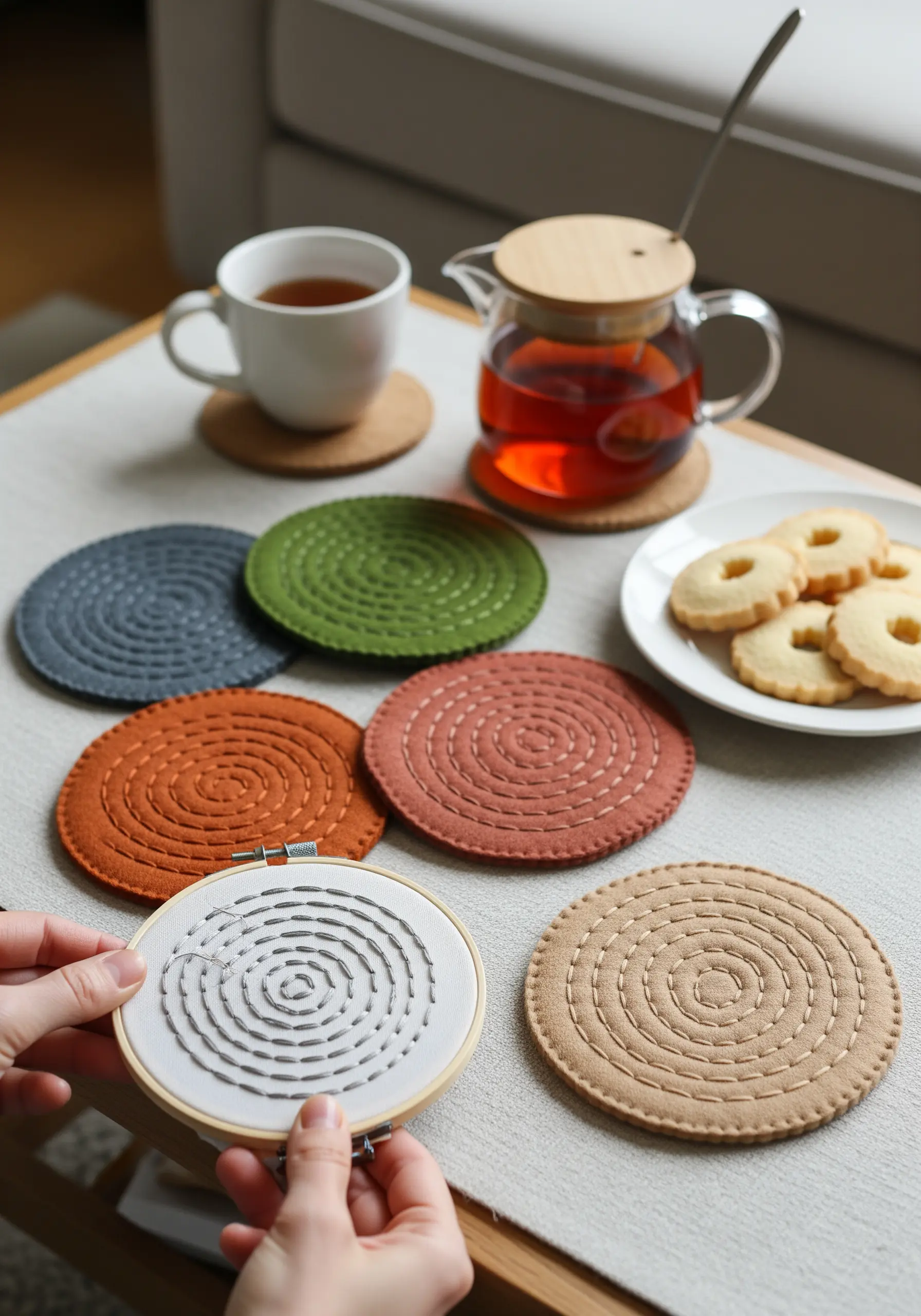 Stitching a spiral pattern with white thread onto a felt circle to make a coaster.