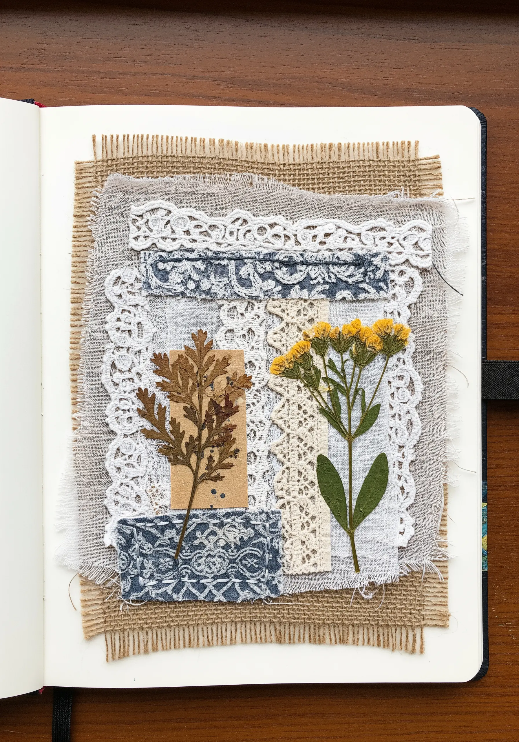 A journal page with a collage of burlap, lace, fabric, and pressed botanicals.