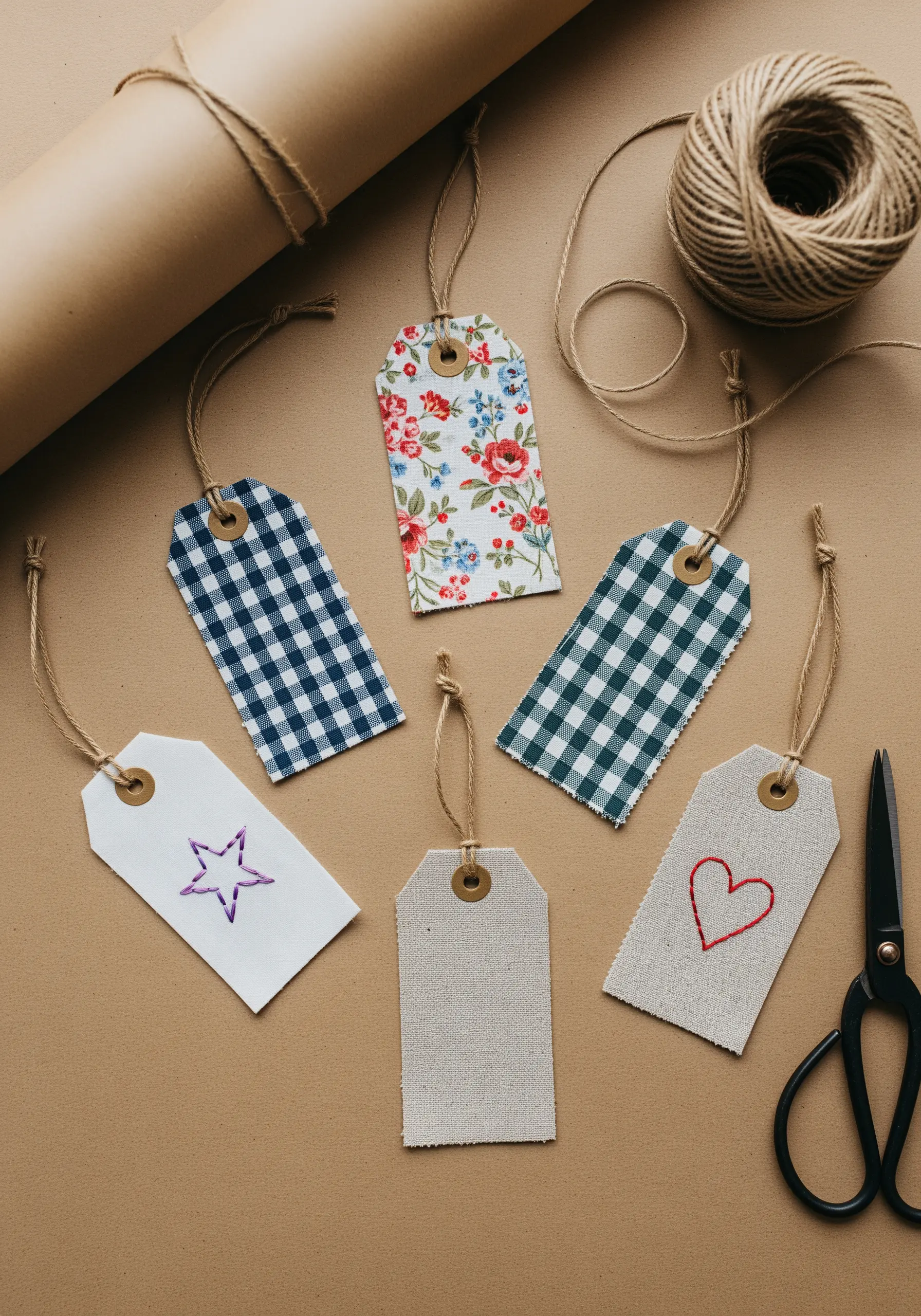 A collection of handmade gift tags made from fabric and cardstock, some with simple embroidery.