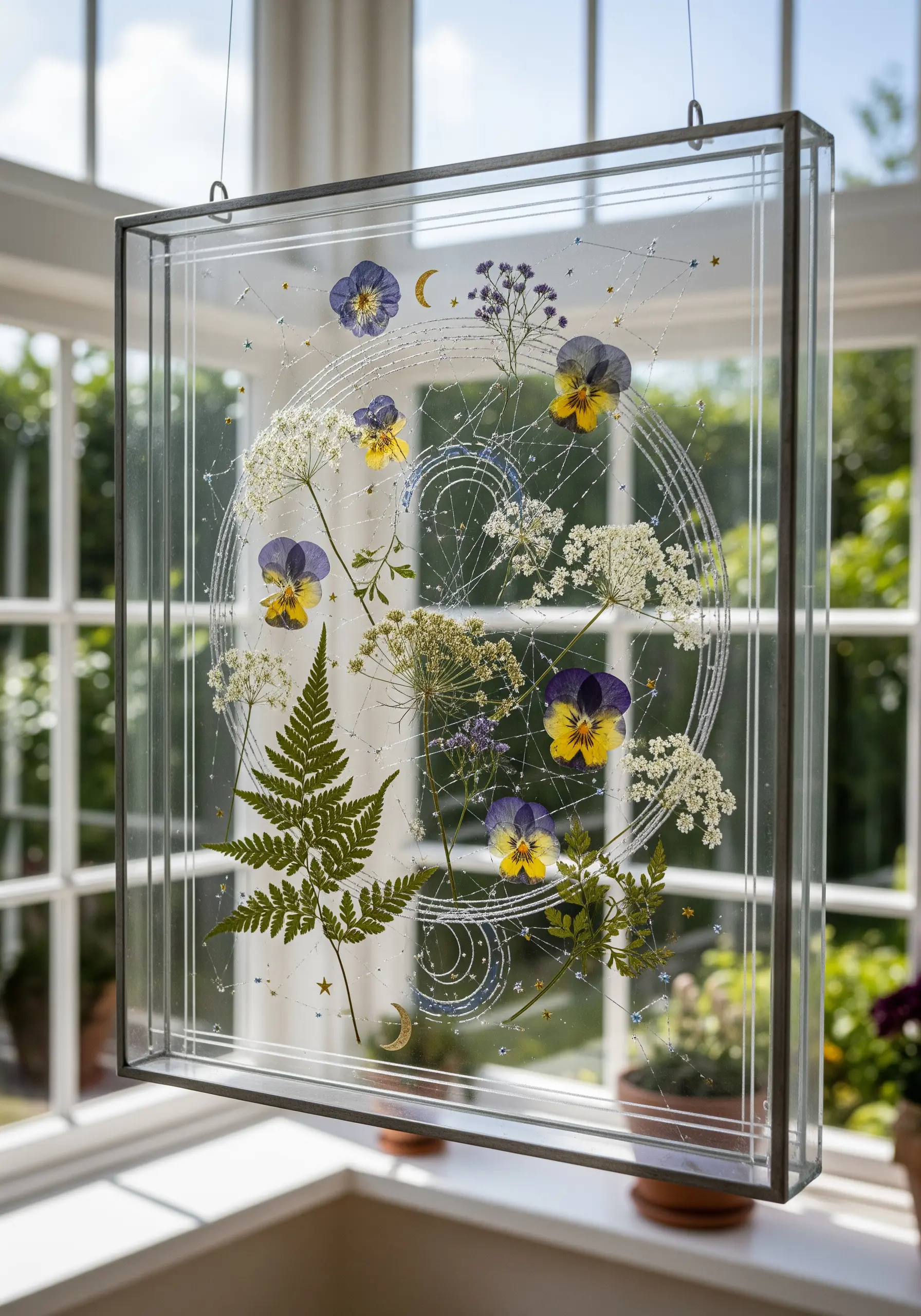 Pressed flowers and delicate white embroidery arranged between two panes of glass in a metal frame.