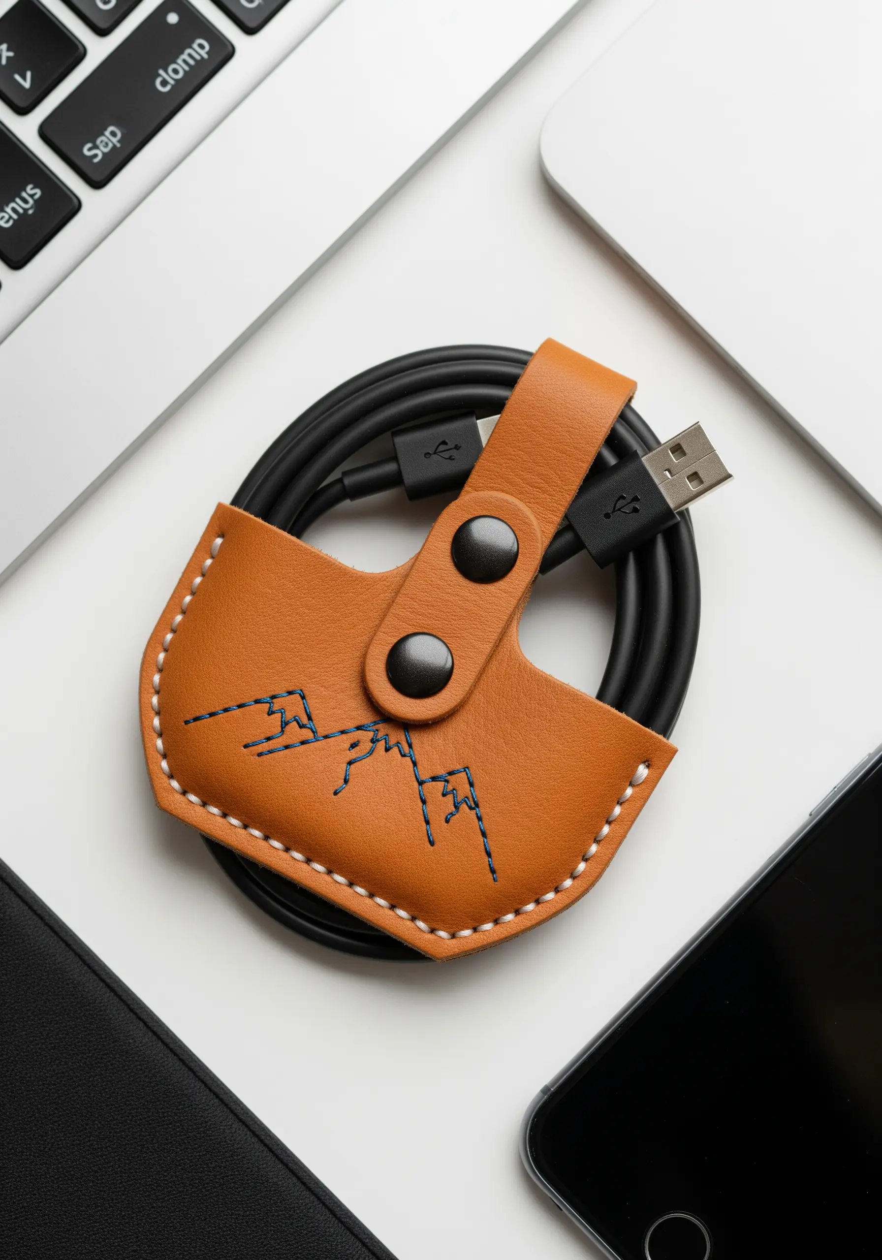 A tan leather cable organizer with a minimalist mountain range embroidered in blue thread.