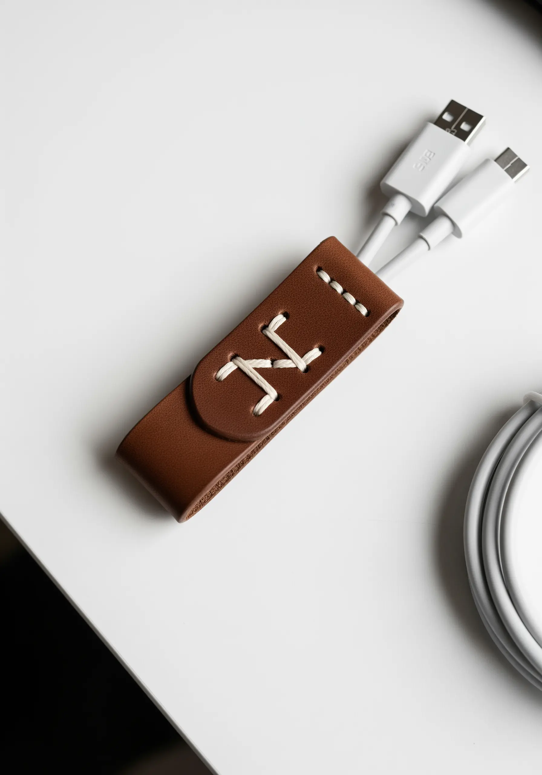 A monogram initial stitched with thick white thread on a brown leather cable organizer