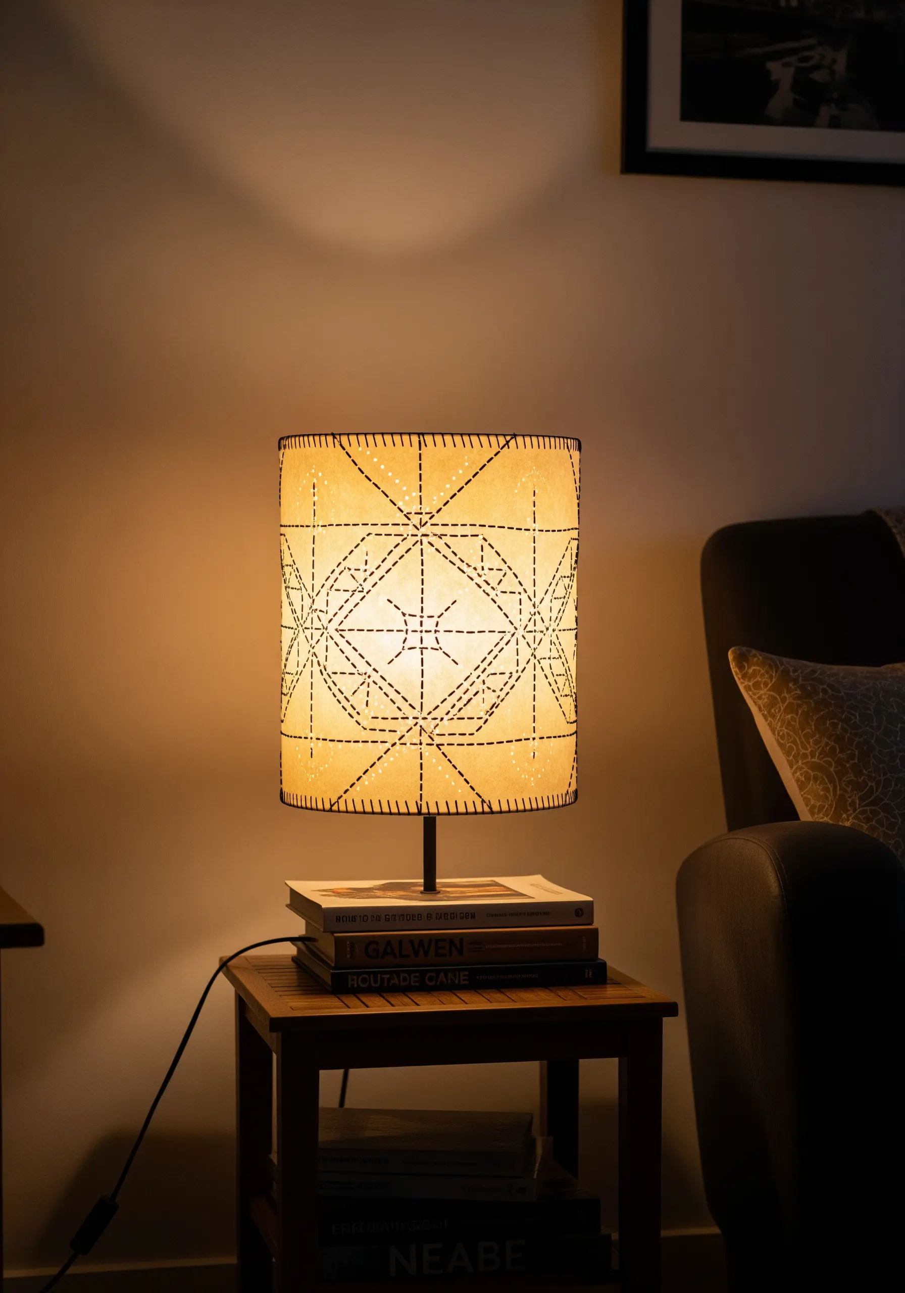 A cylindrical lampshade made of stitched parchment paper, glowing warmly from an internal light.