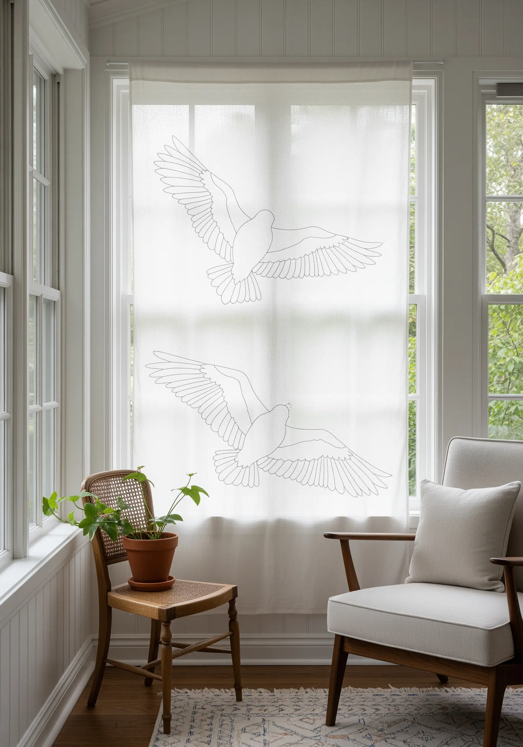 Sheer white window curtain embroidered with delicate line art of two flying birds.