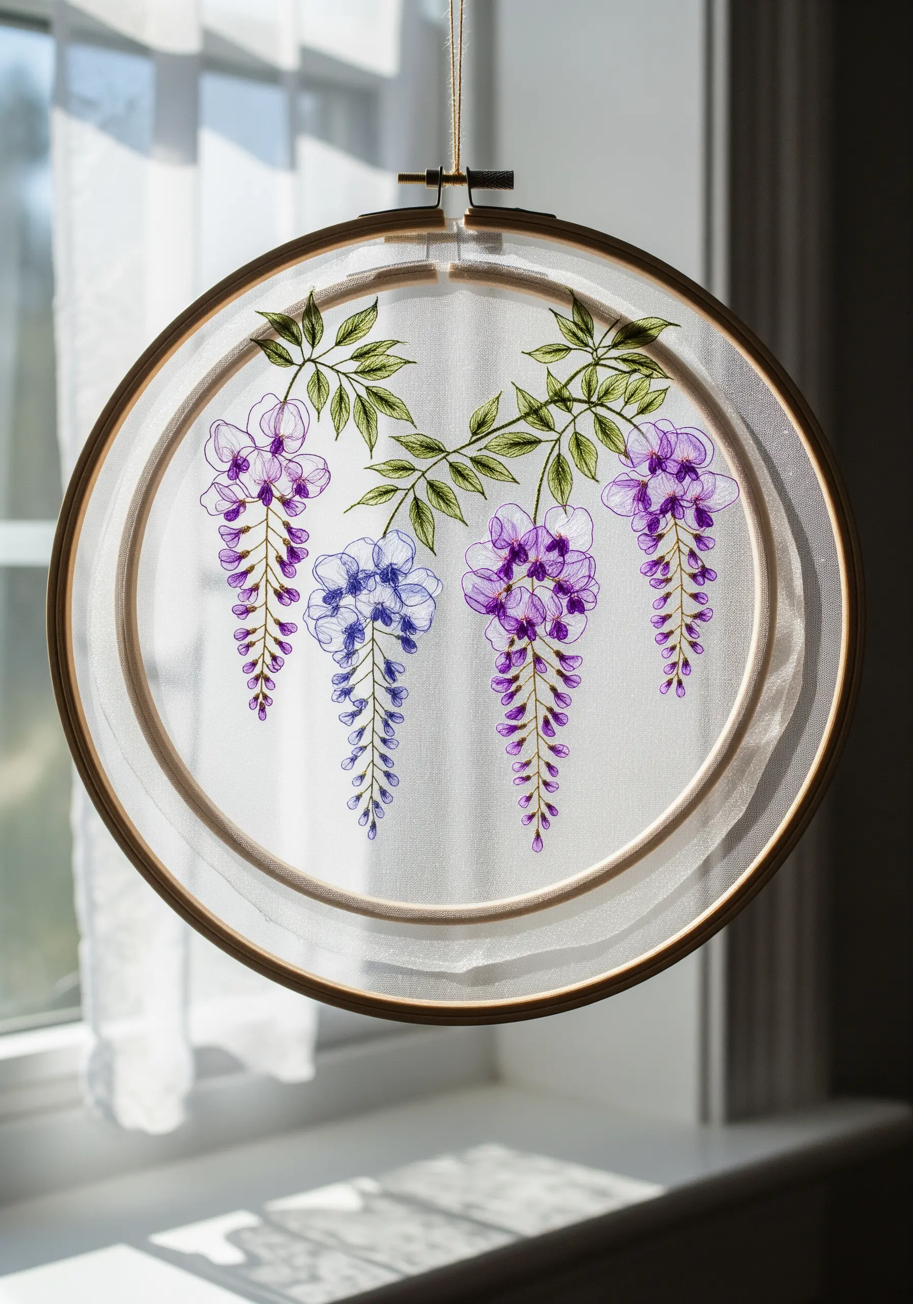 Delicate wisteria flowers embroidered on sheer tulle fabric, creating a floating, transparent effect.