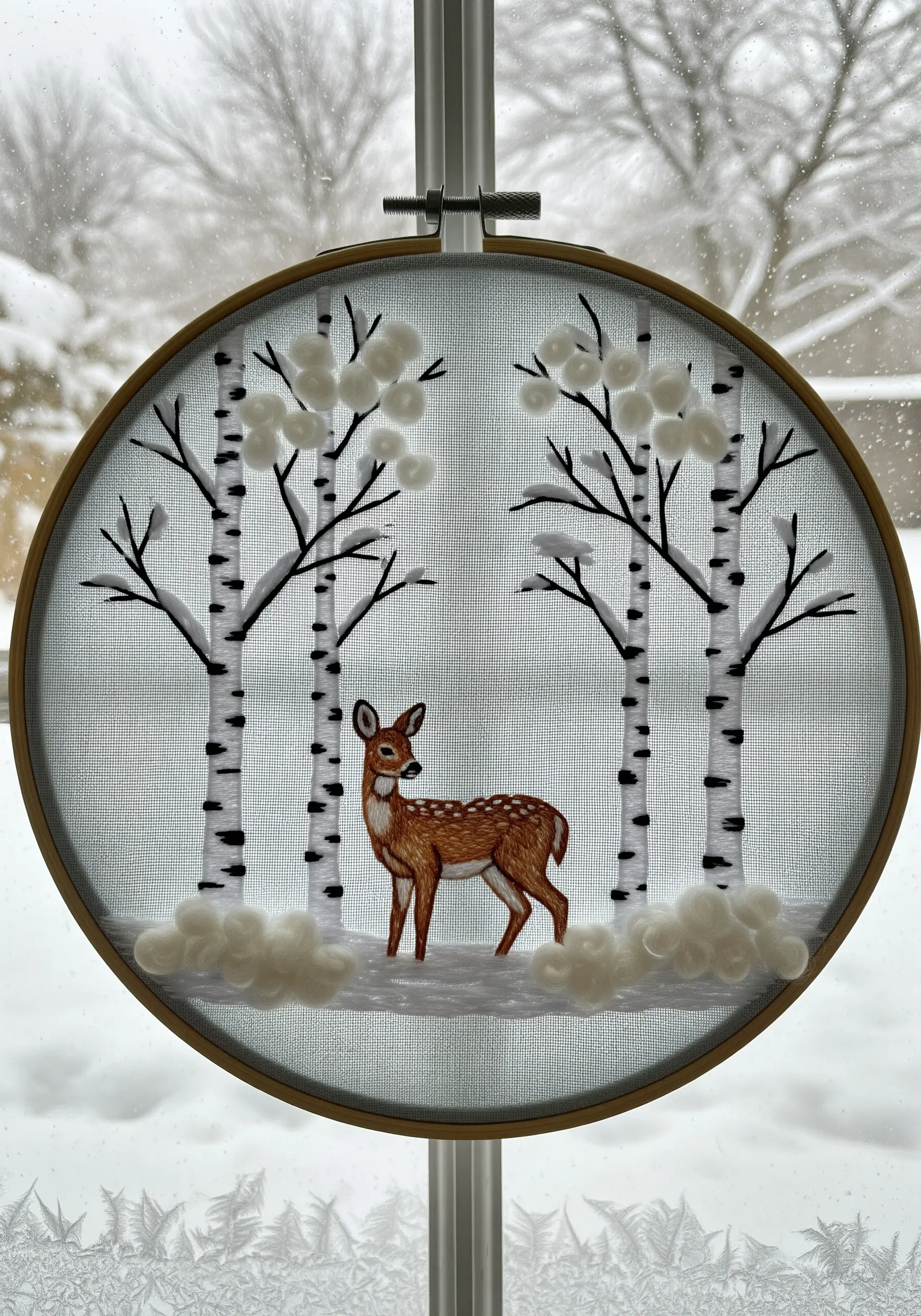 Embroidery of a deer in a snowy birch forest on sheer fabric