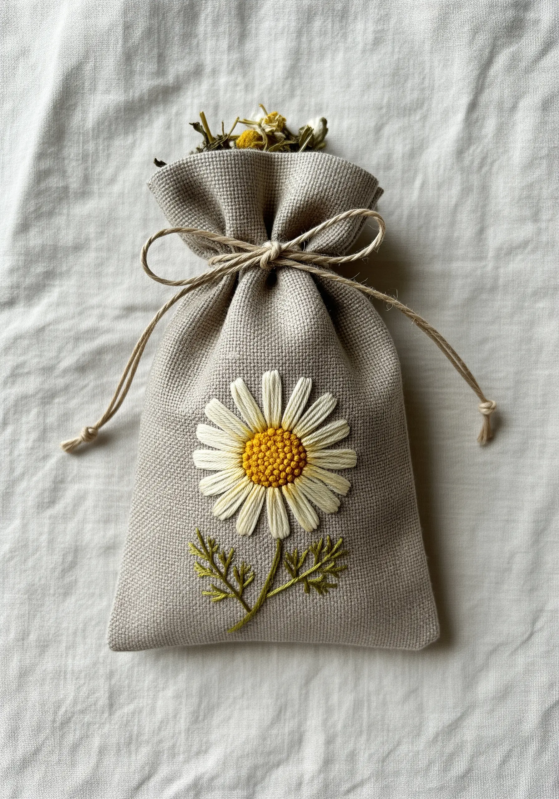 A chamomile flower embroidered on a small, reusable linen drawstring pouch.