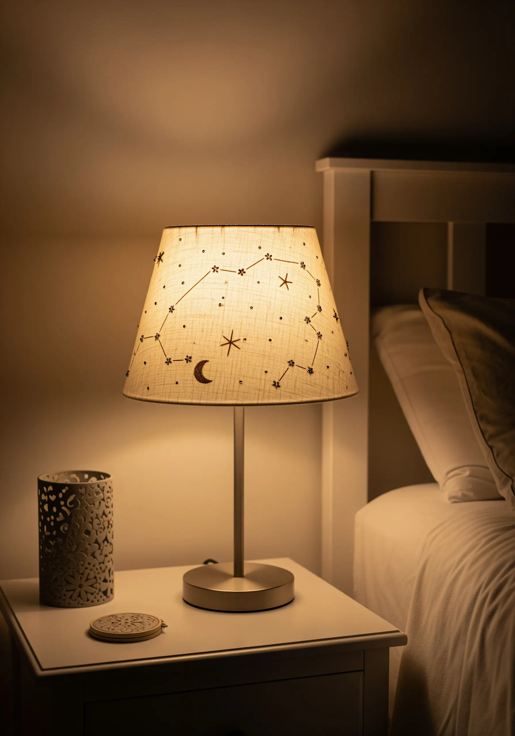 A beige lampshade embroidered with constellations, glowing warmly in a dark bedroom.