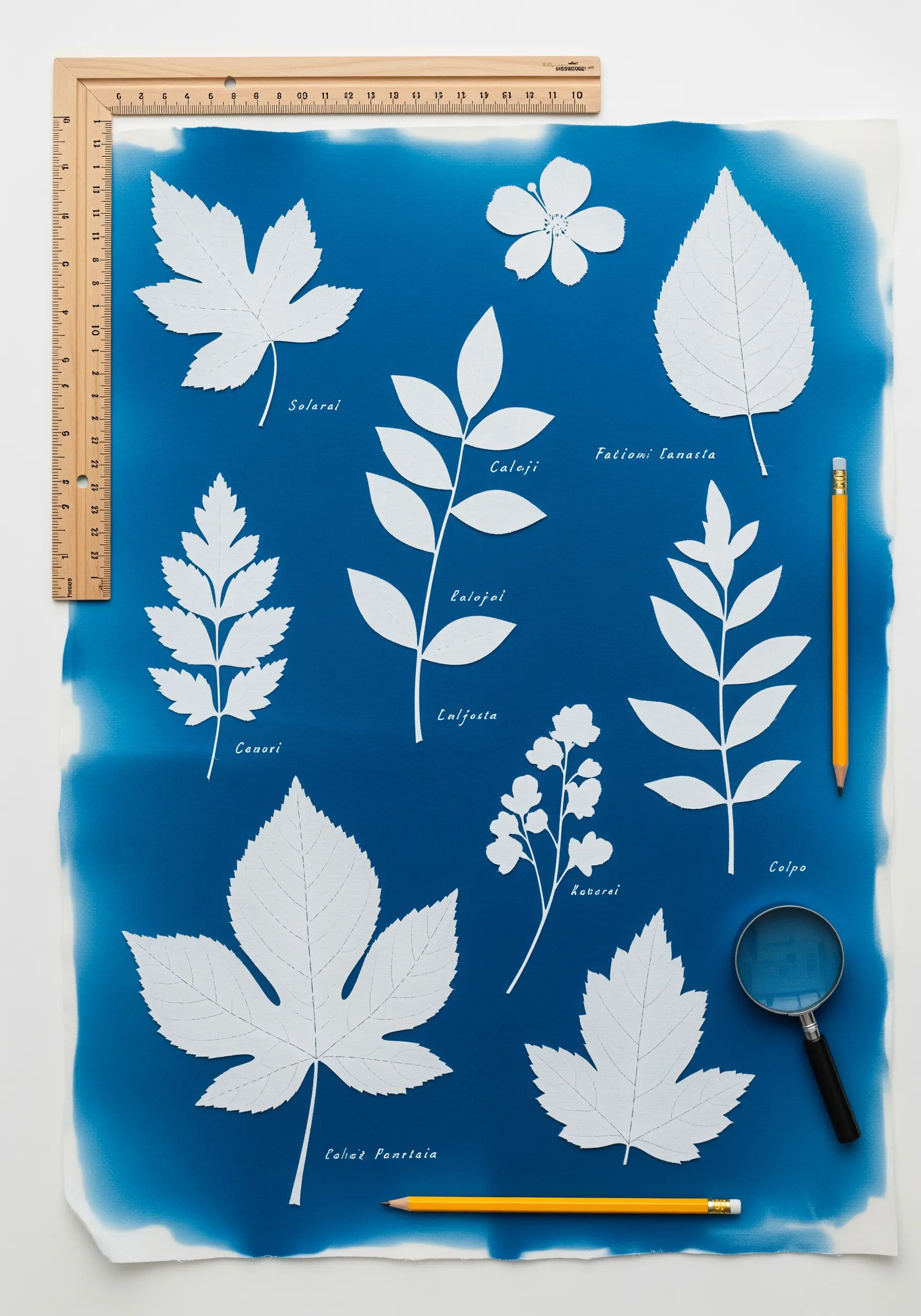 Cyanotype print of leaves on paper, with delicate white embroidery tracing the leaf veins.