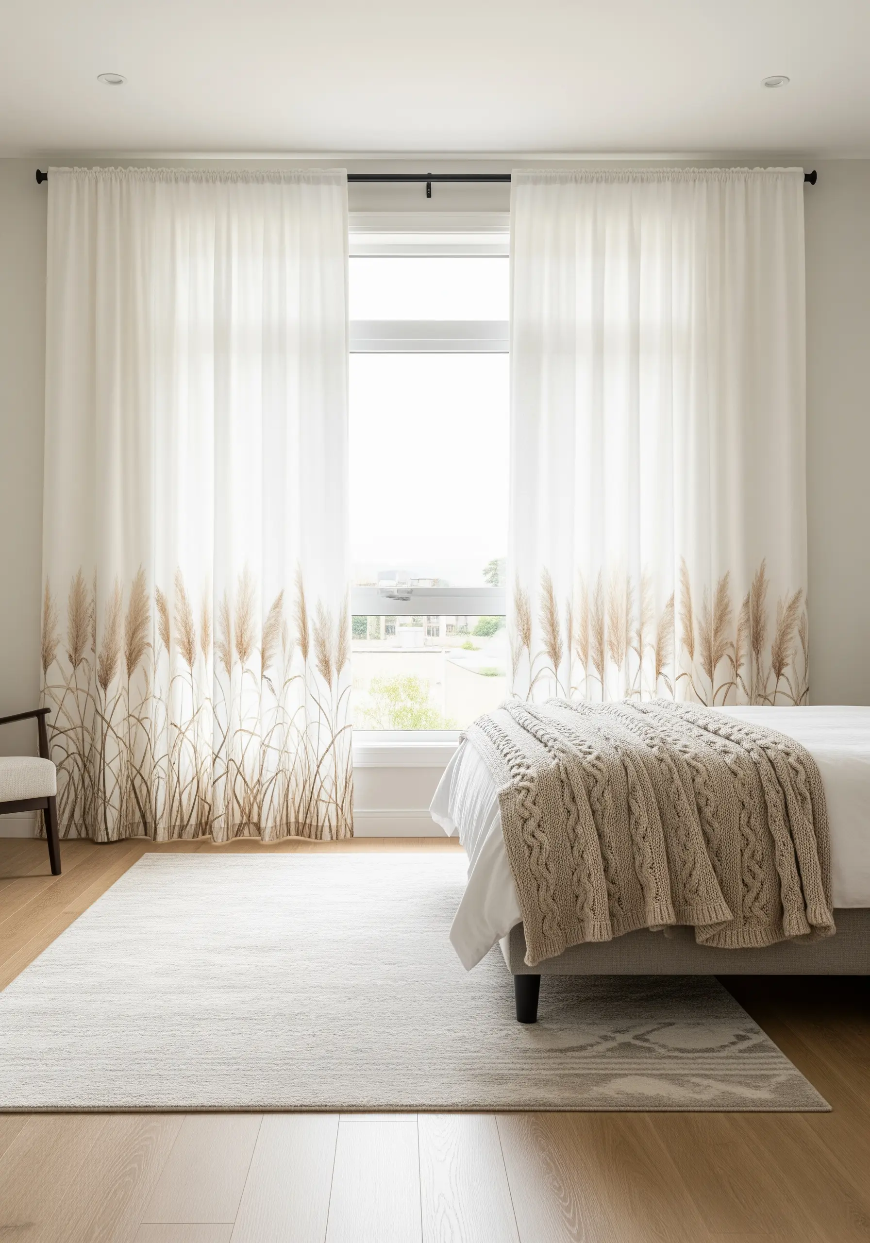 Embroidered pampas grass along the bottom edge of sheer white bedroom curtains.